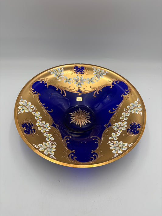 Vintage Bohemia krystal med Guld og Enamel, Fad, Blå, ø32,5cm