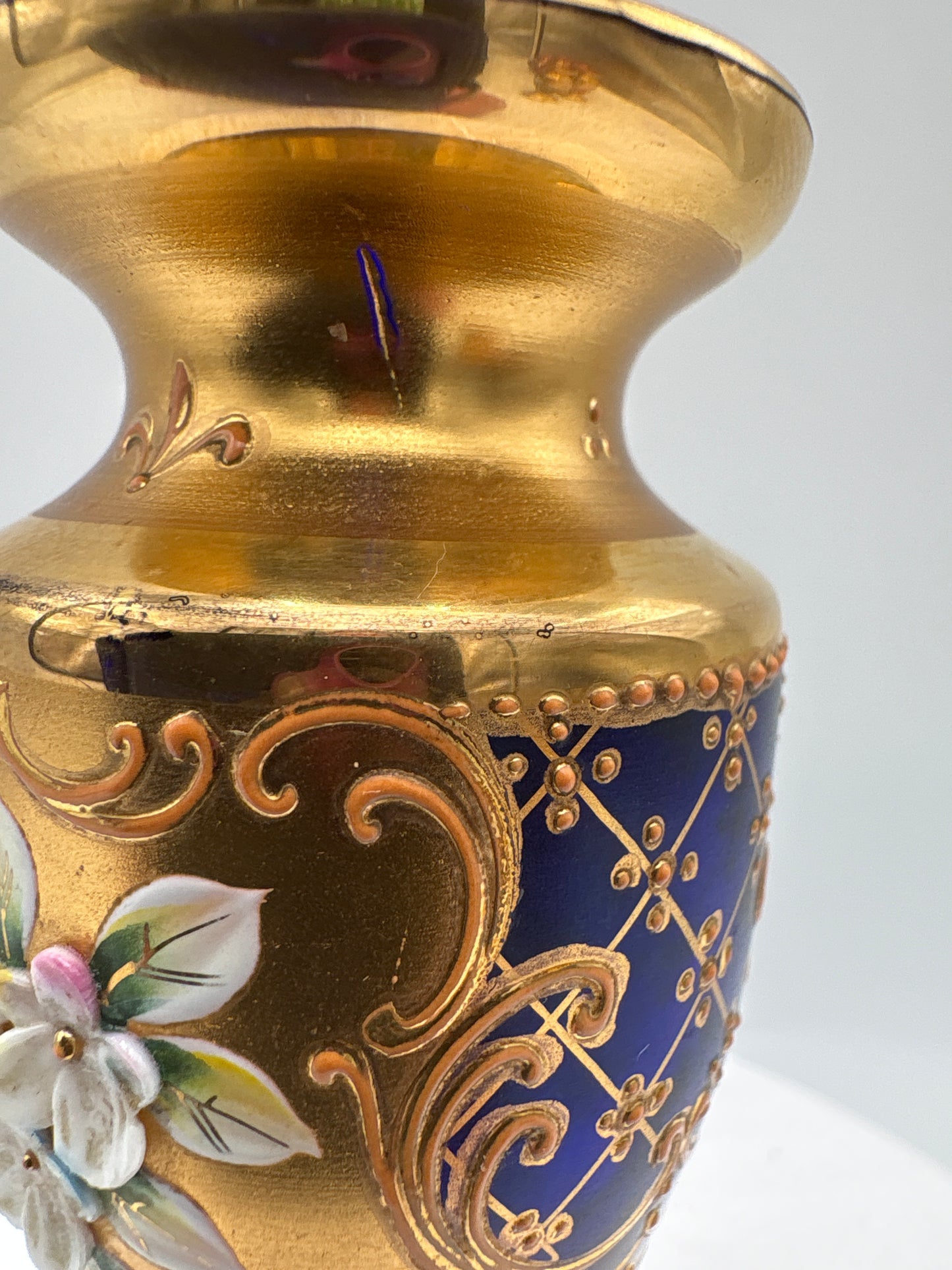 Vintage Bohemia krystal med Guld og Enamel-Vase på fod-Blå-12cm