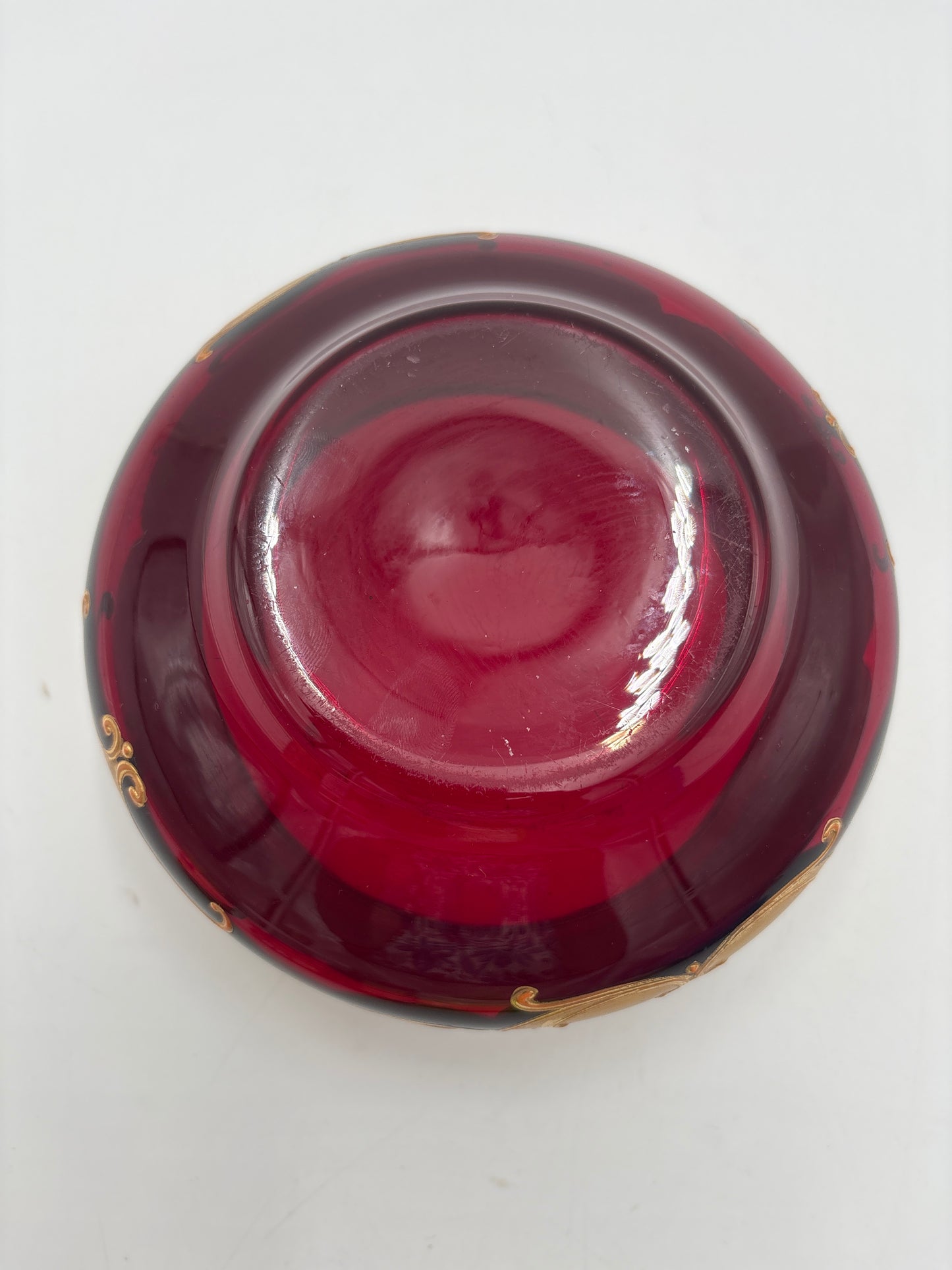 Vintage Bohemia krystal med Guld og Enamel,Lille skål, Rød, ø15cm