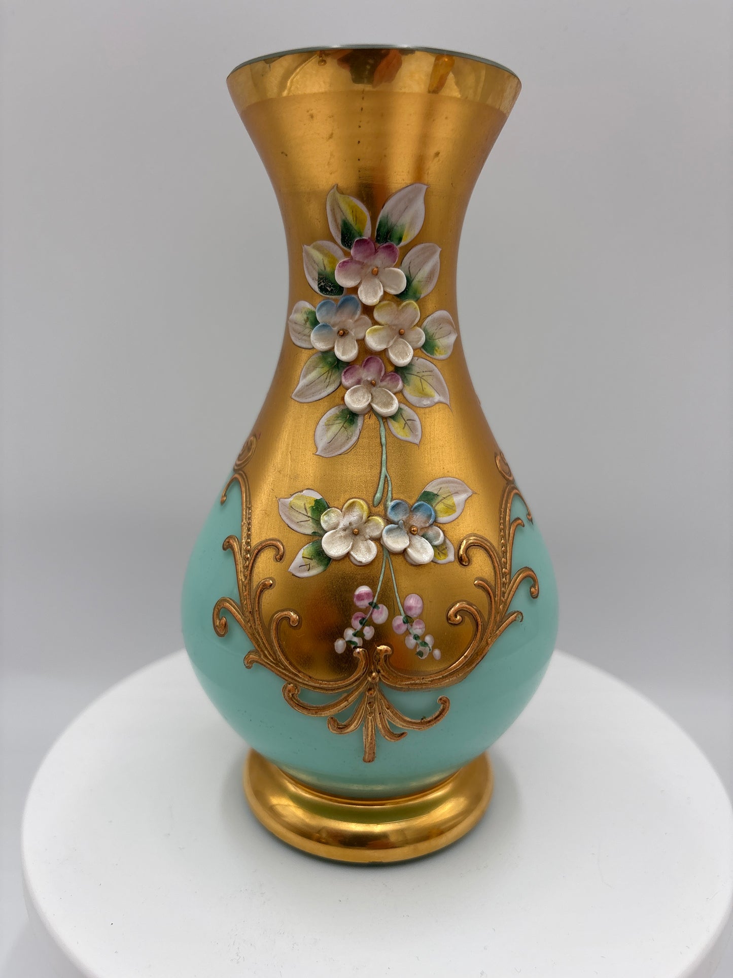 Vintage Bohemia krystal med Guld og Enamel, Vase , Lyseblå, 16cm