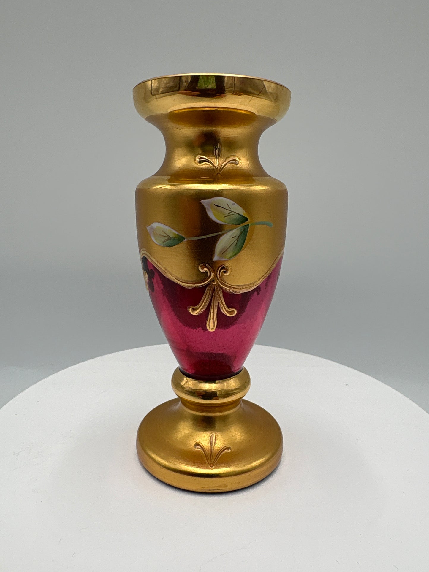 Vintage Bohemia krystal med Guld og Enamel-Vase på fod(3)-rød-12cm