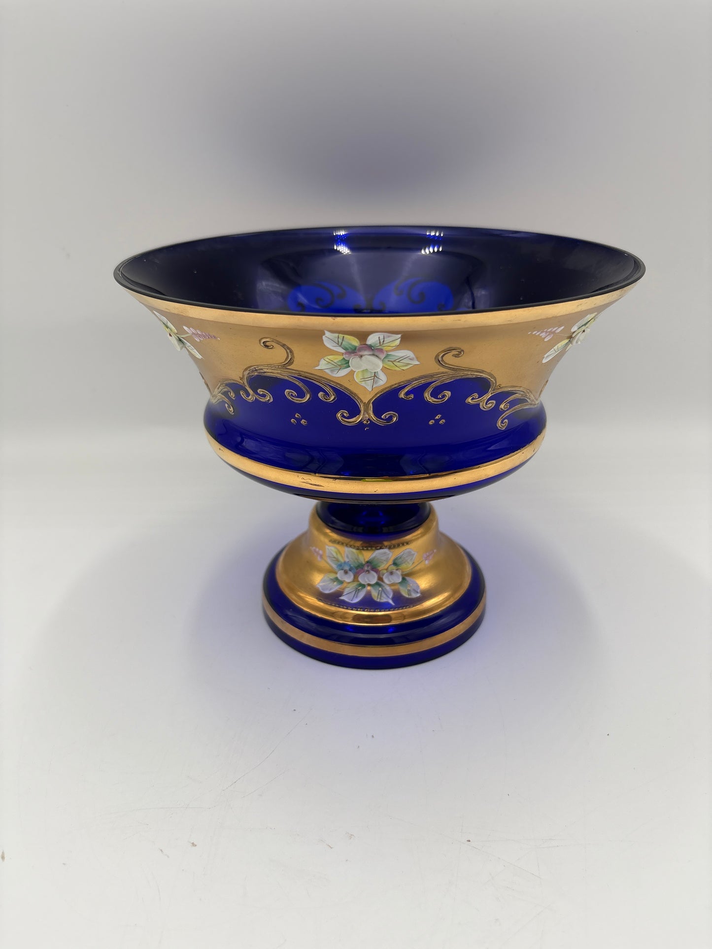 Vintage Bohemia krystal med Guld og Enamel, Opsats på fod, Blå,17cm