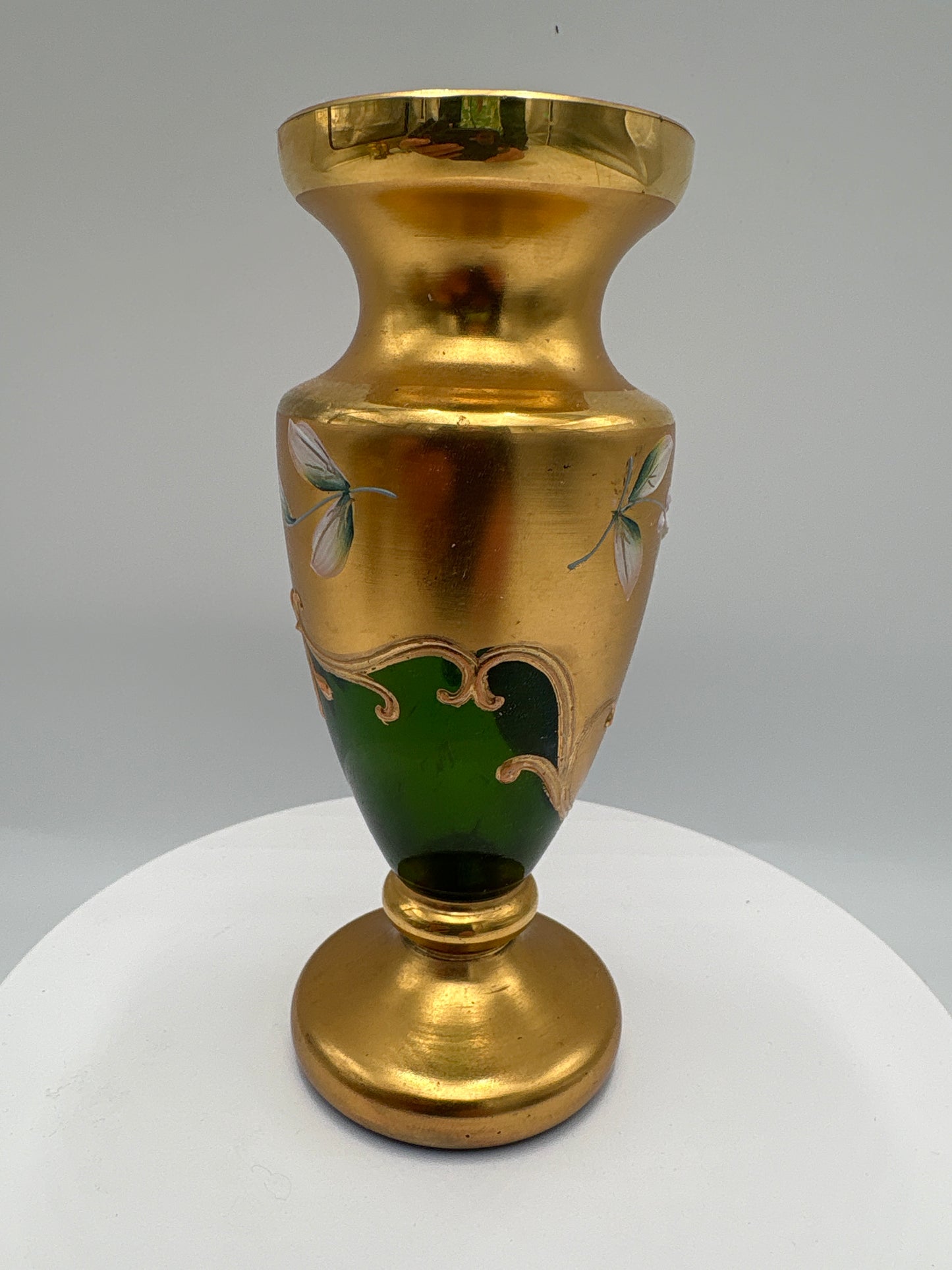 Vintage Bohemia krystal med Guld og Enamel-Vase på fod-Grøn-15cm