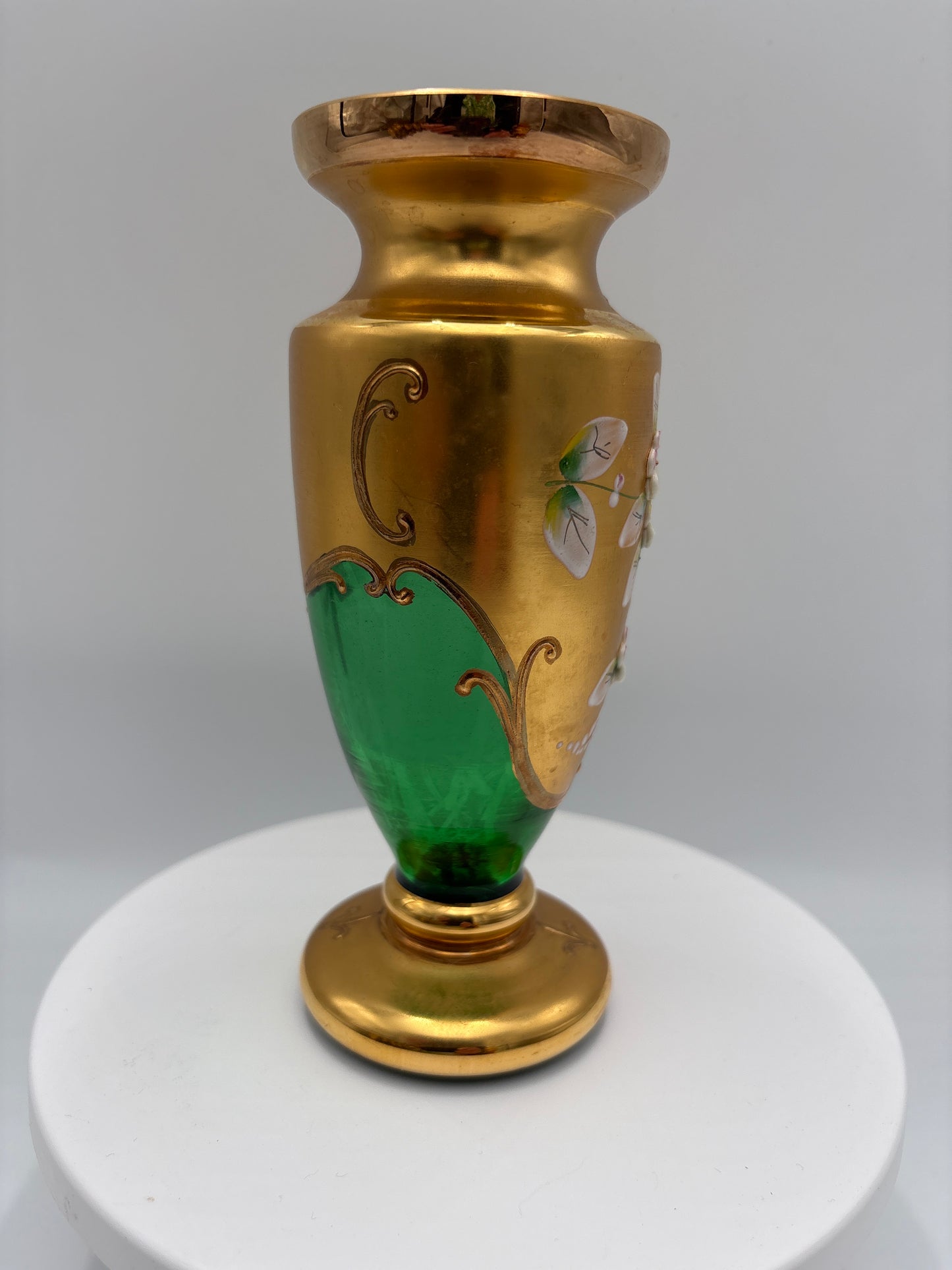 Vintage Bohemia krystal med Guld og Enamel-Vase på fod-Grøn-17cm