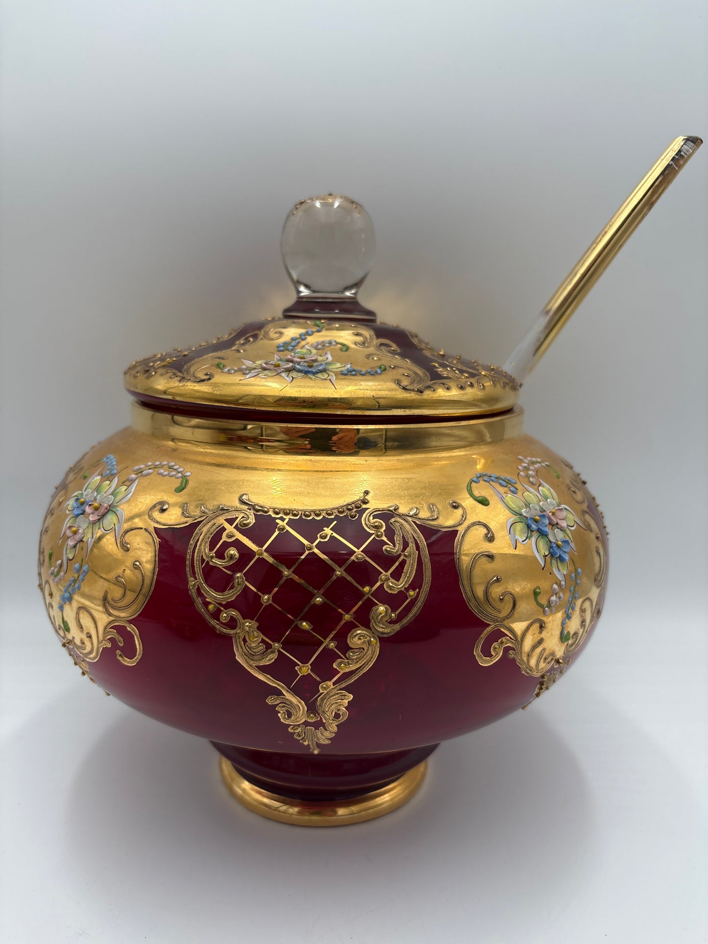Vintage Bohemia krystal med Guld og Enamel, Punch Bowl med ske og 4 kopper, Rød, 25cm