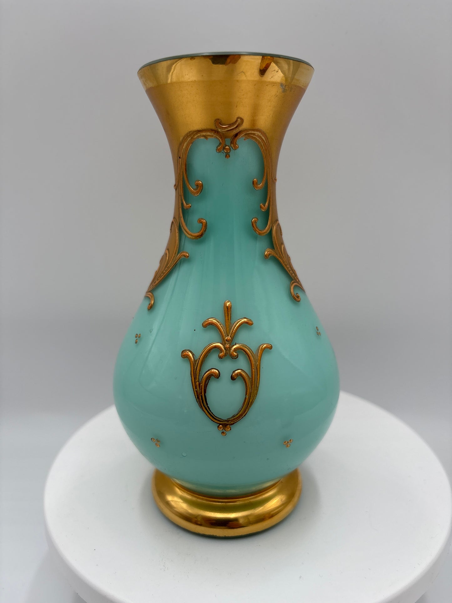 Vintage Bohemia krystal med Guld og Enamel, Vase , Lyseblå, 16cm