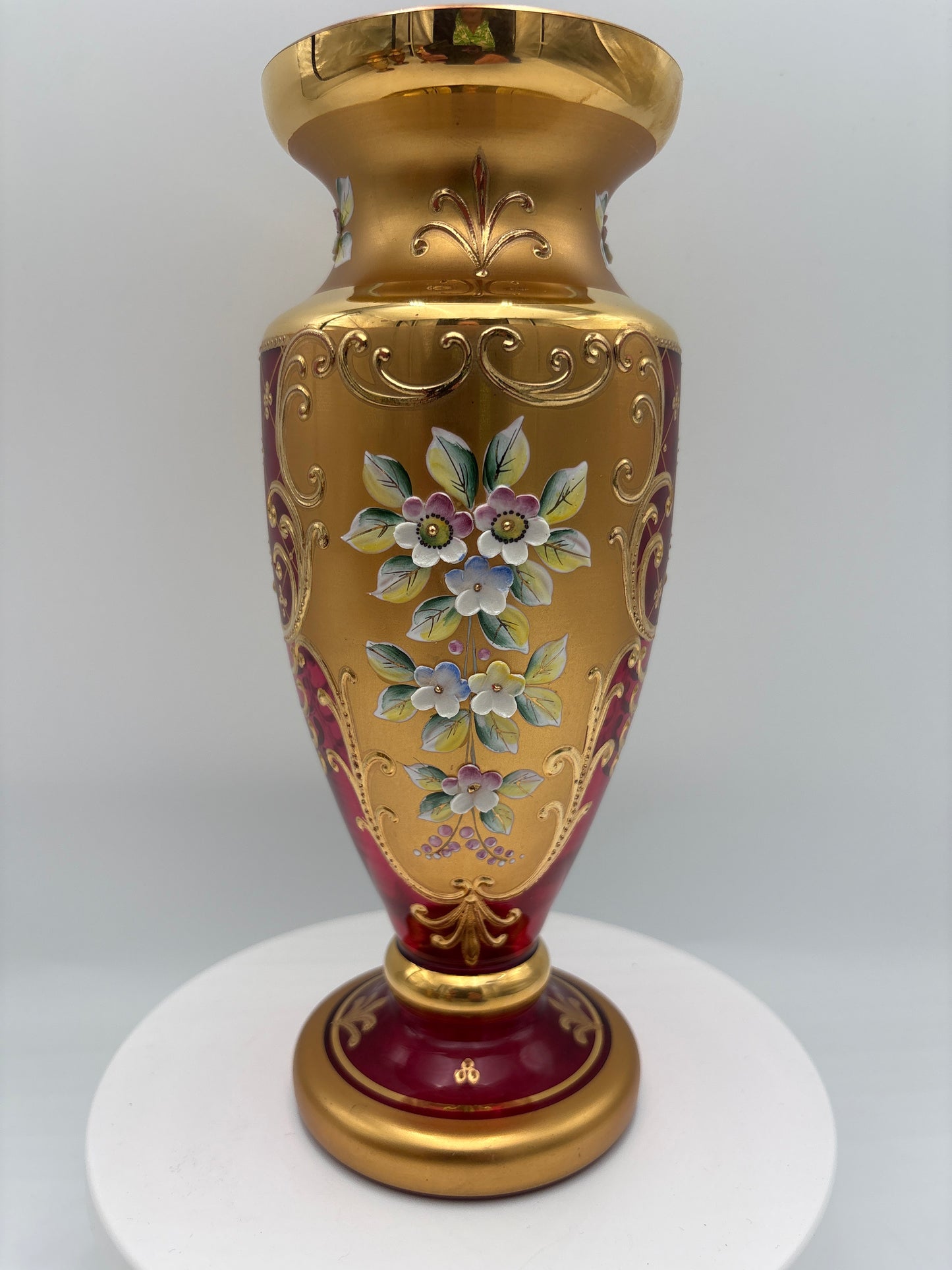 Vintage Bohemia krystal med Guld og Enamel-Vase på fod-Rød(1)-22cm