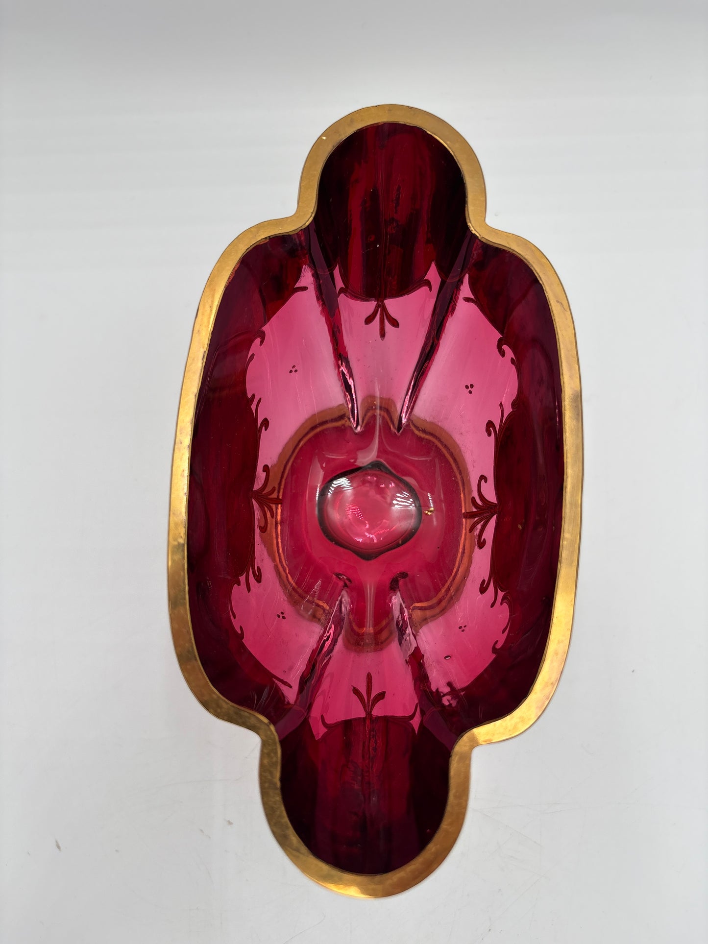 Vintage Bohemia krystal med Guld og Enamel,Lille oval opsats på fod, Rød, 12cm