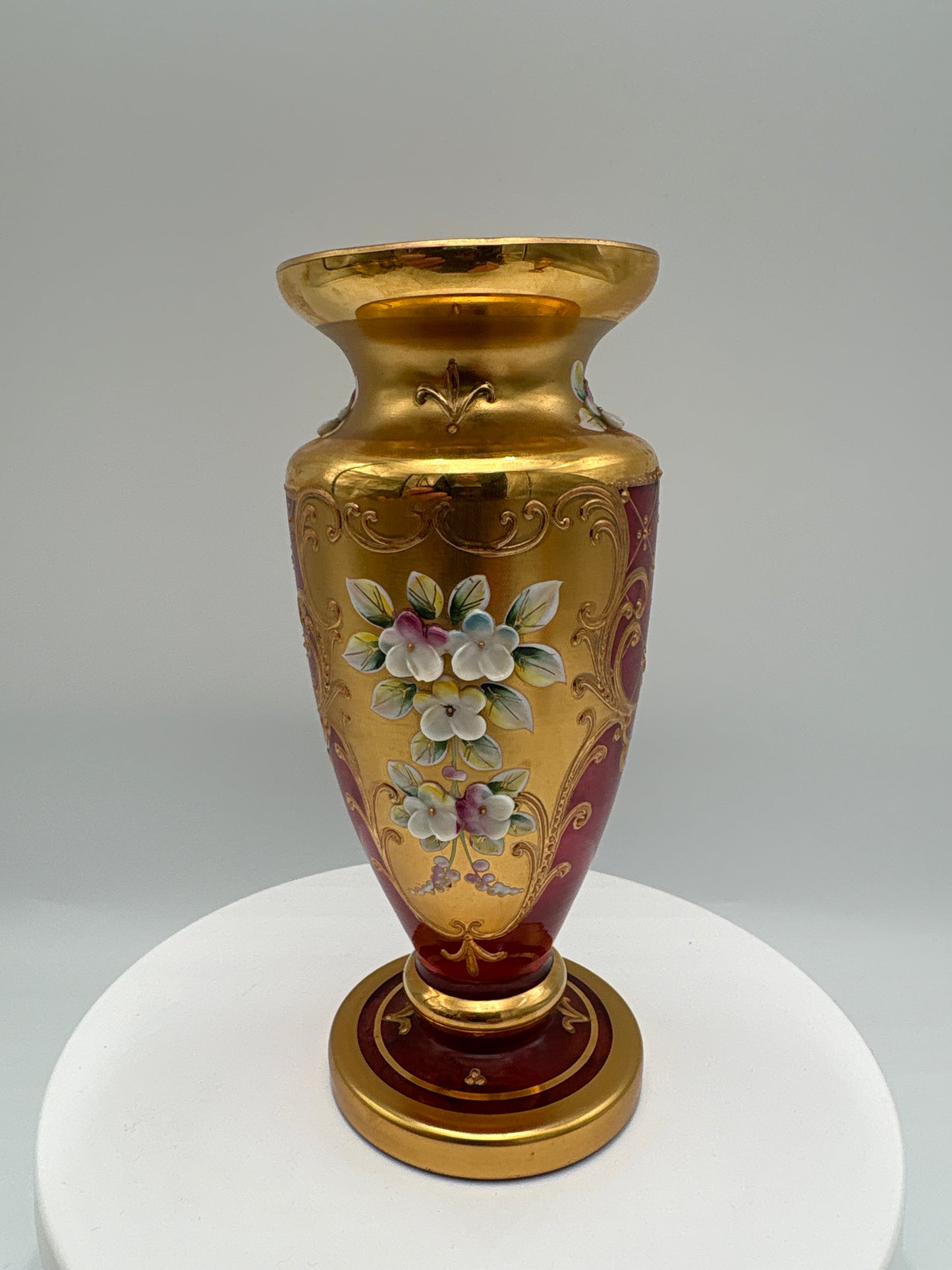 Vintage Bohemia krystal med Guld og Enamel-Vase på fod-Rød(2)-17cm