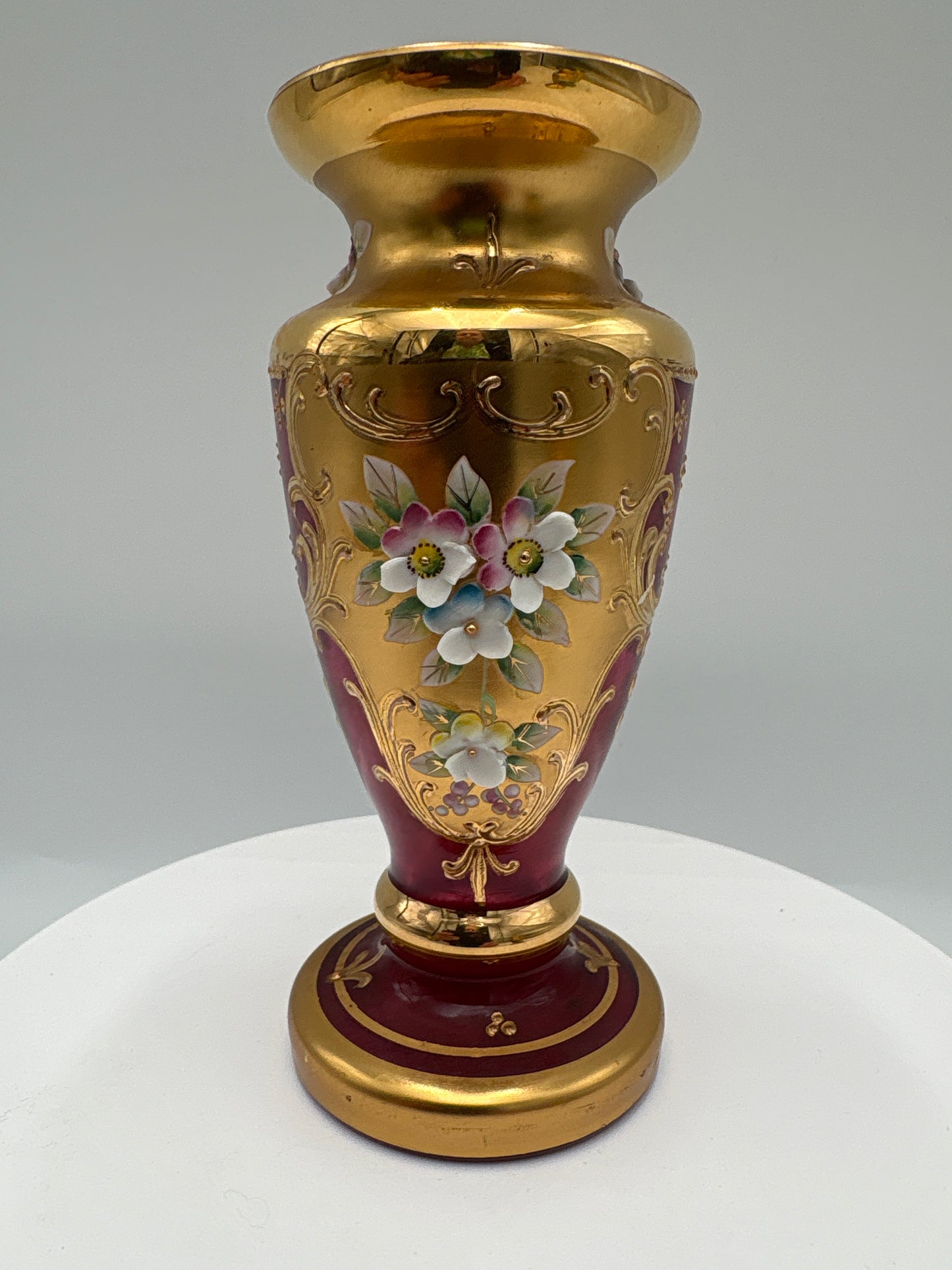 Vintage Bohemia krystal med Guld og Enamel-Vase på fod-Rød-14cm