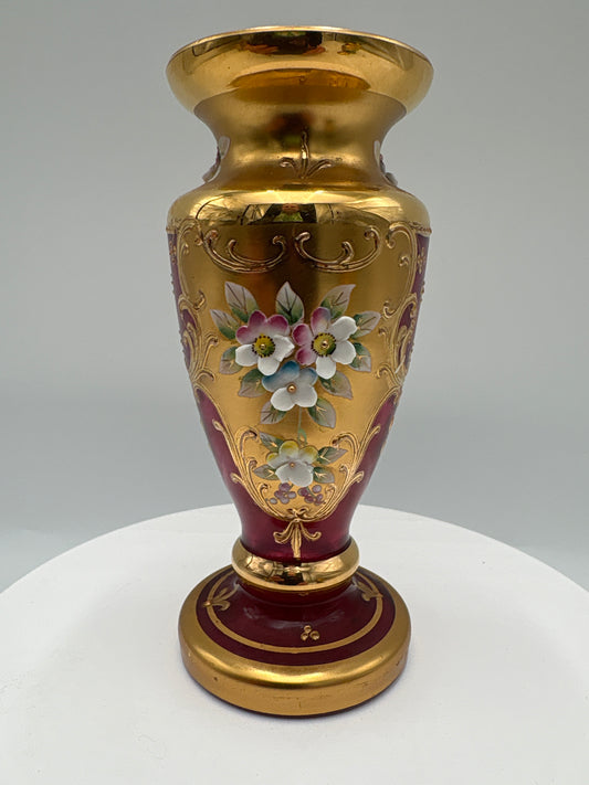 Vintage Bohemia krystal med Guld og Enamel-Vase på fod-Rød-14cm