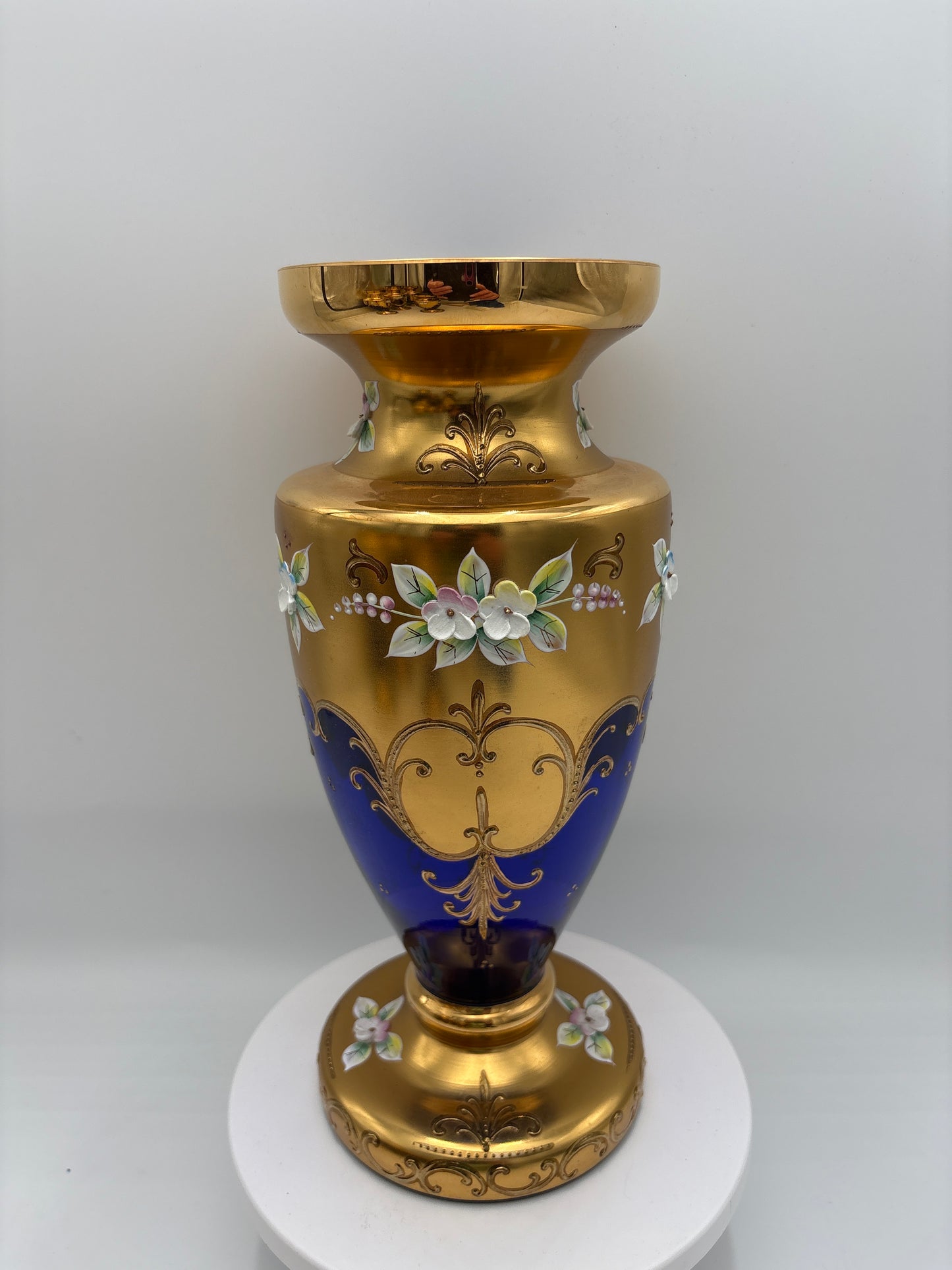 Vintage Bohemia krystal med Guld og Enamel-Vase på fod-Blå(2)-27cm