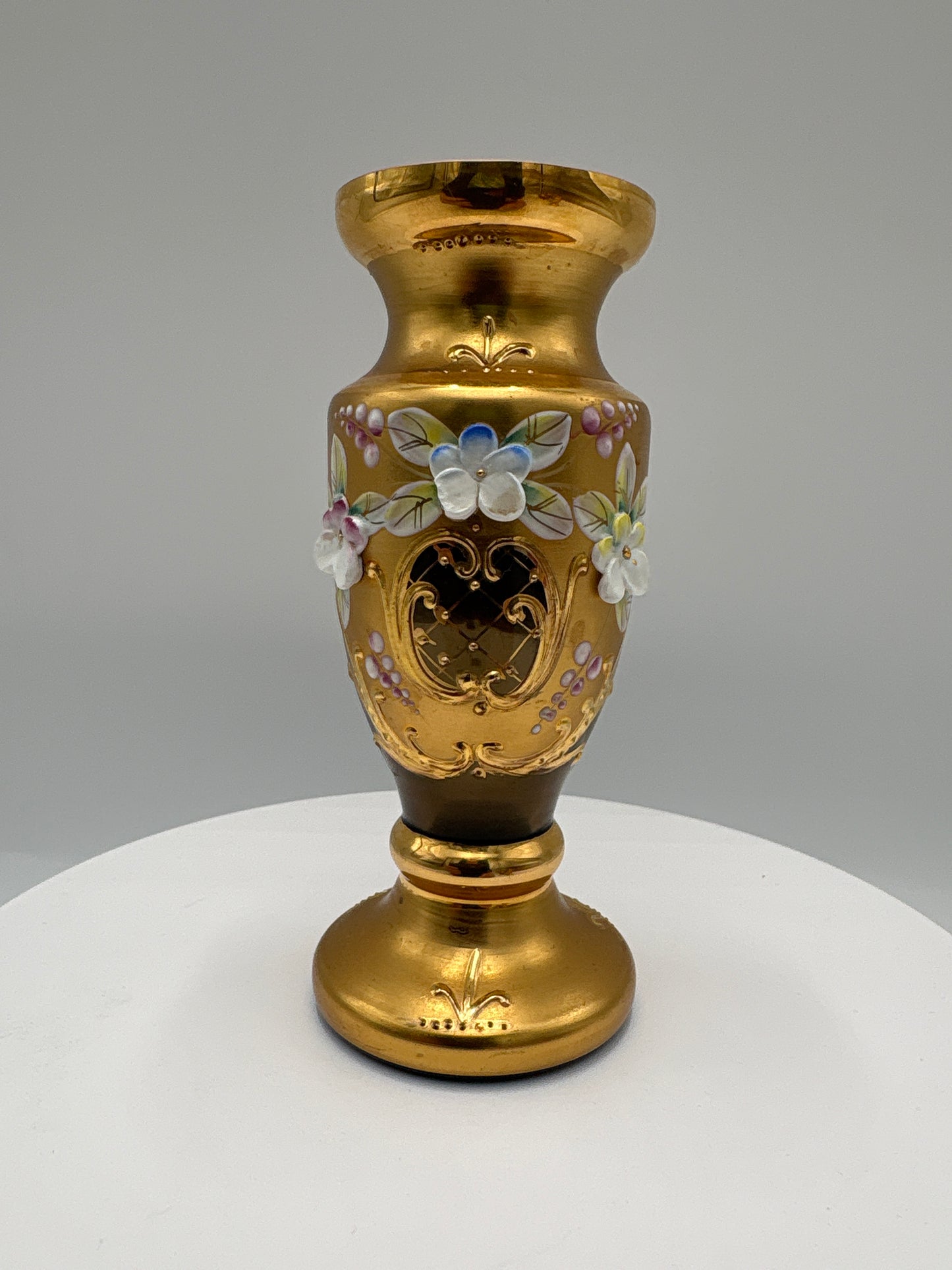 Vintage Bohemia krystal med Guld og Enamel-Vase på fod-Brun-12cm