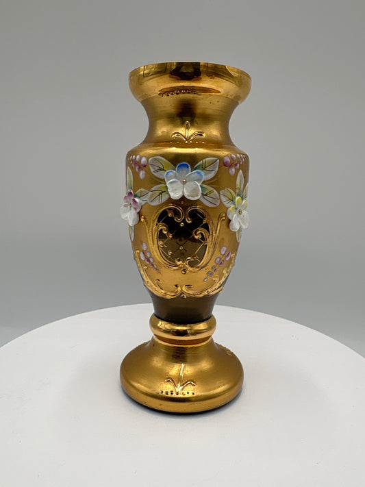 Vintage Bohemia krystal med Guld og Enamel-Vase på fod-Brun-12cm