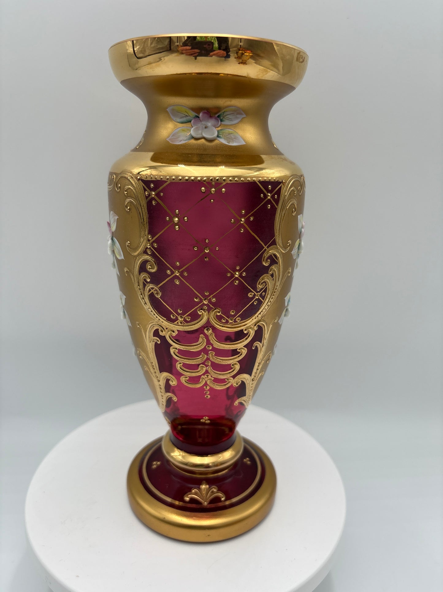 Vintage Bohemia krystal med Guld og Enamel-Vase på fod-Rød(4)-22cm