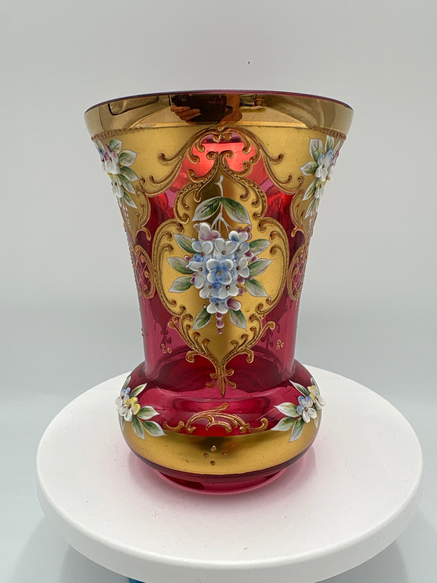 Vintage Bohemia krystal med Guld og Enamel, Vase , Rød(1), 14cm