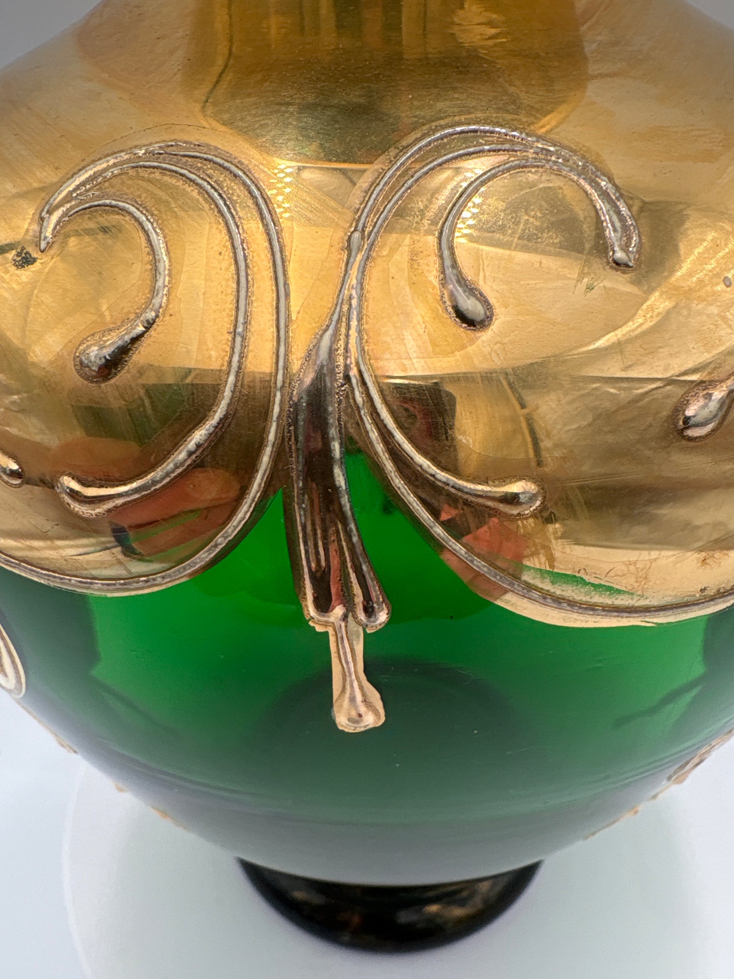 Vintage Bohemia krystal med Guld og Enamel, Vase, Grøn, 22cm