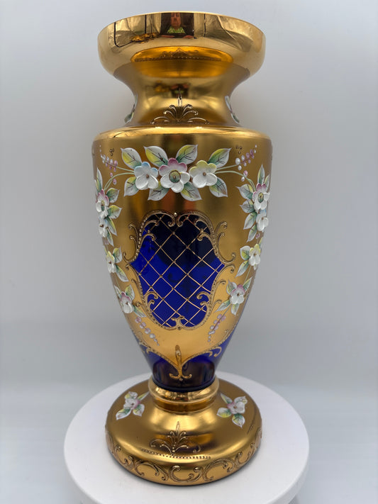 Vintage Bohemia krystal med Guld og Enamel-Vase på fod-Blå(1)-27cm