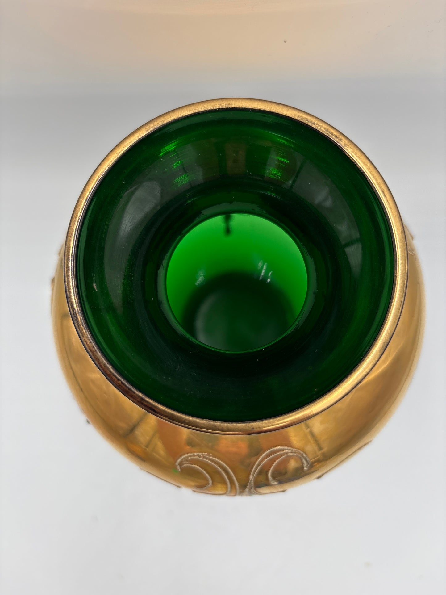 Vintage Bohemia krystal med Guld og Enamel, Vase, Grøn, 22cm