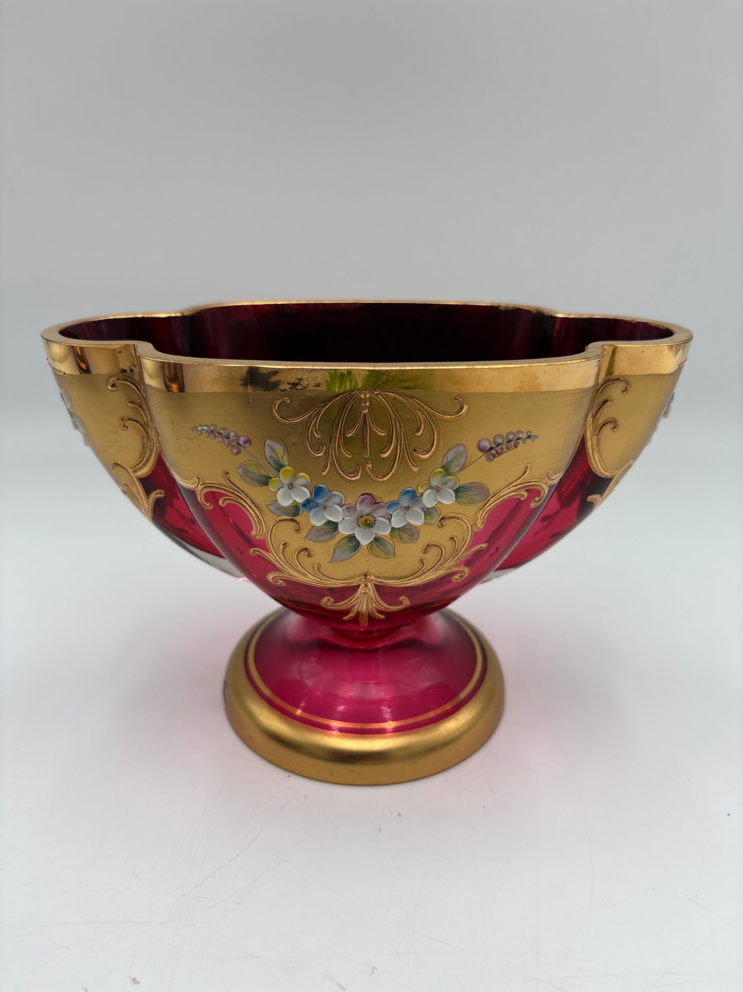 Vintage Bohemia krystal med Guld og Enamel,Lille oval opsats på fod, Rød, 12cm