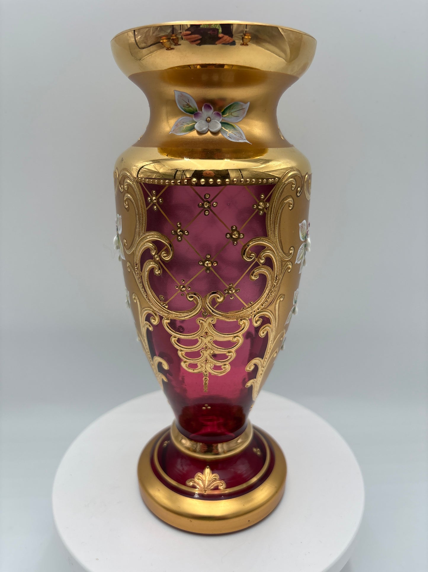 Vintage Bohemia krystal med Guld og Enamel-Vase på fod-Rød(2)-22cm