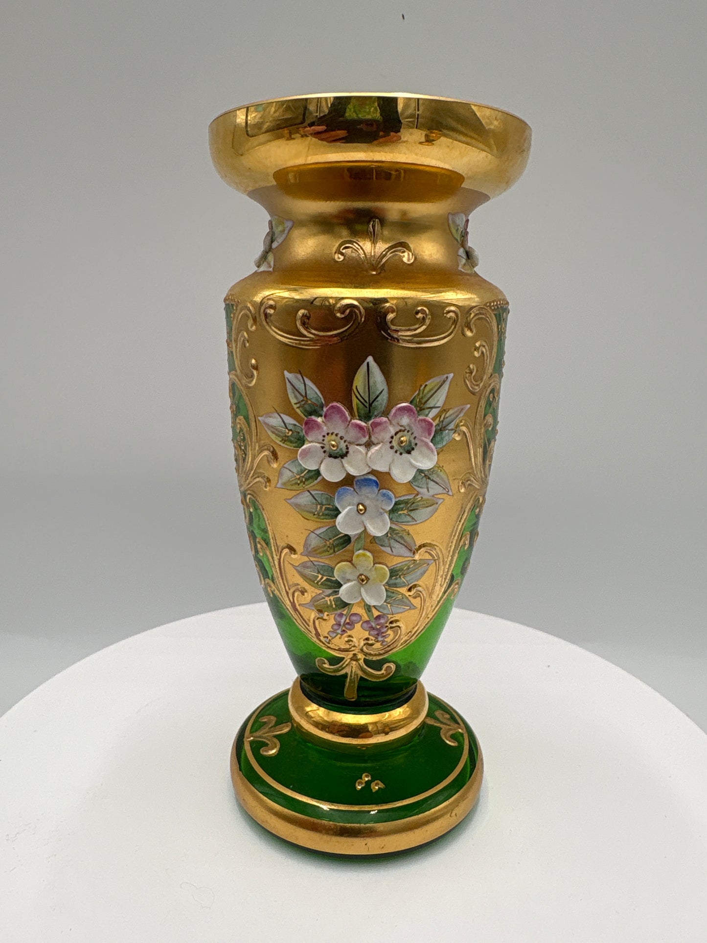Vintage Bohemia krystal med Guld og Enamel-Vase på fod-Grøn-14cm