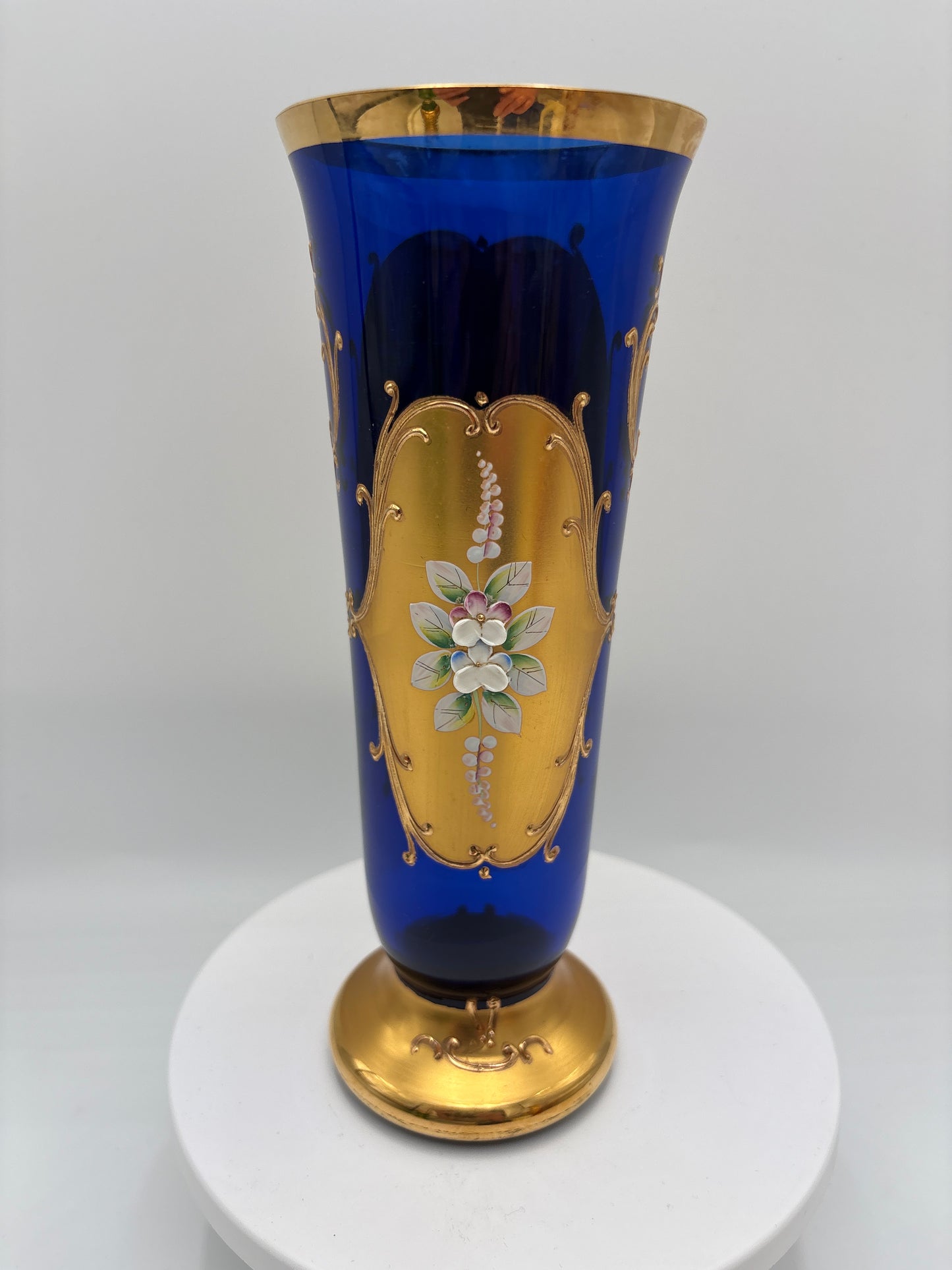 Vintage Bohemia krystal med Guld og Enamel, Vase på fod , Blå, 22cm