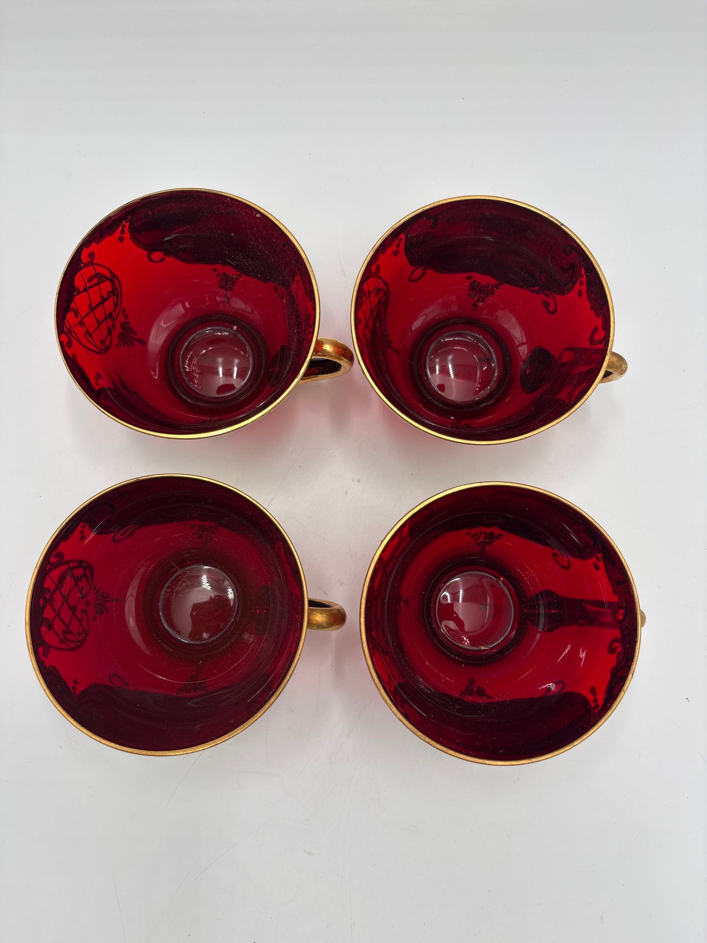Vintage Bohemia krystal med Guld og Enamel, Punch Bowl med ske og 4 kopper, Rød, 25cm