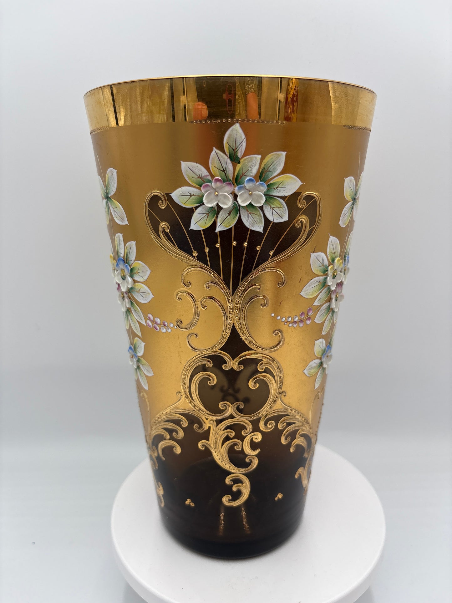 Vintage Bohemia krystal med Guld og Enamel, Vase, Brun, 25cm