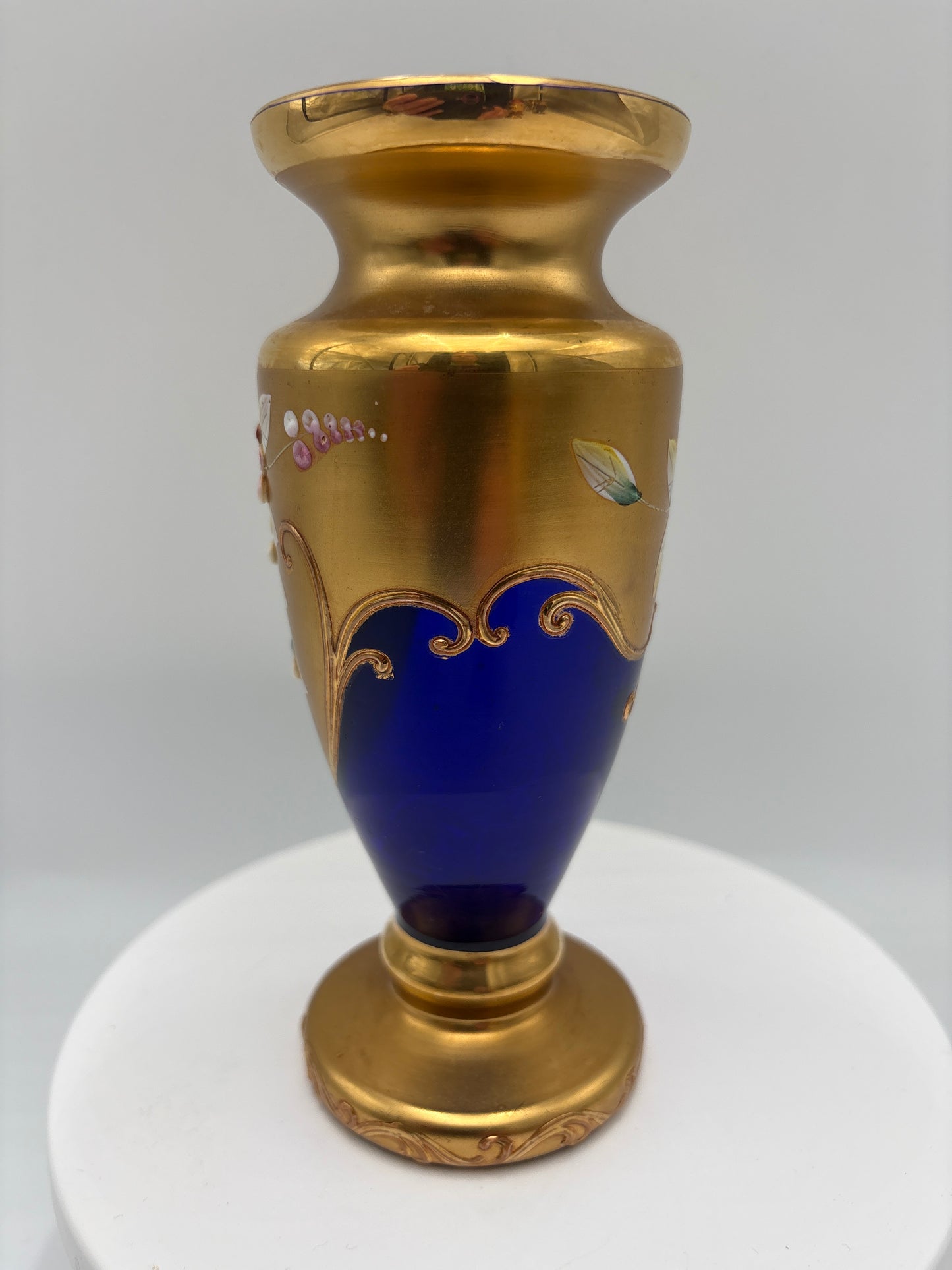 Vintage Bohemia krystal med Guld og Enamel-Vase på fod-Blå(4)-17cm