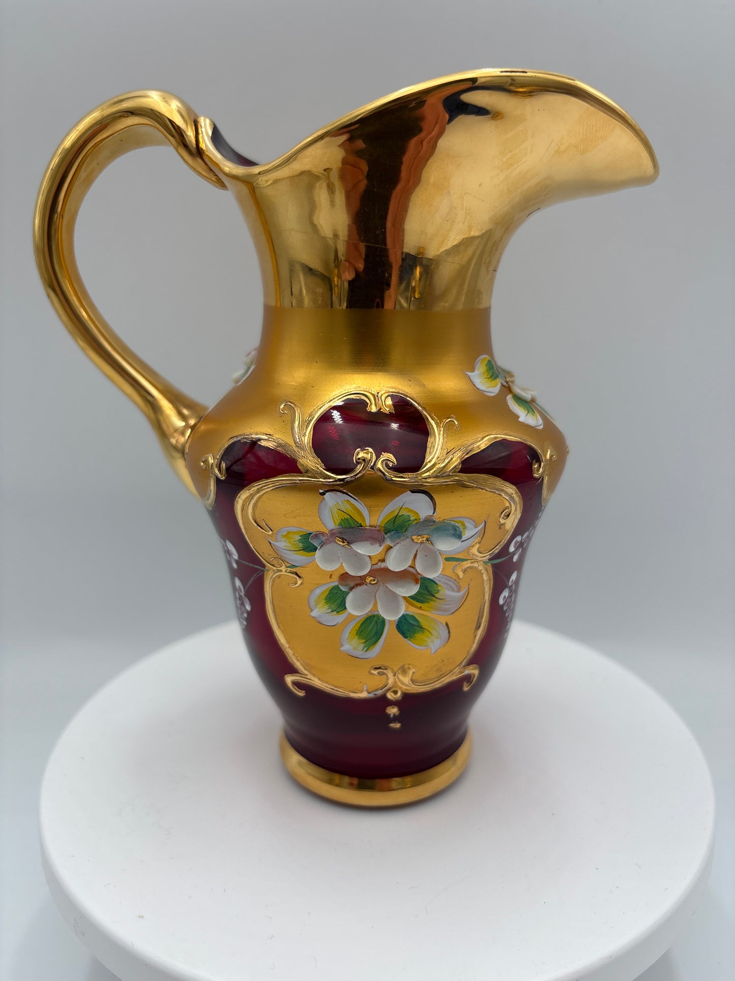 Vintage Bohemia krystal med Guld og Enamel, Kande, Rød(3), 17cm
