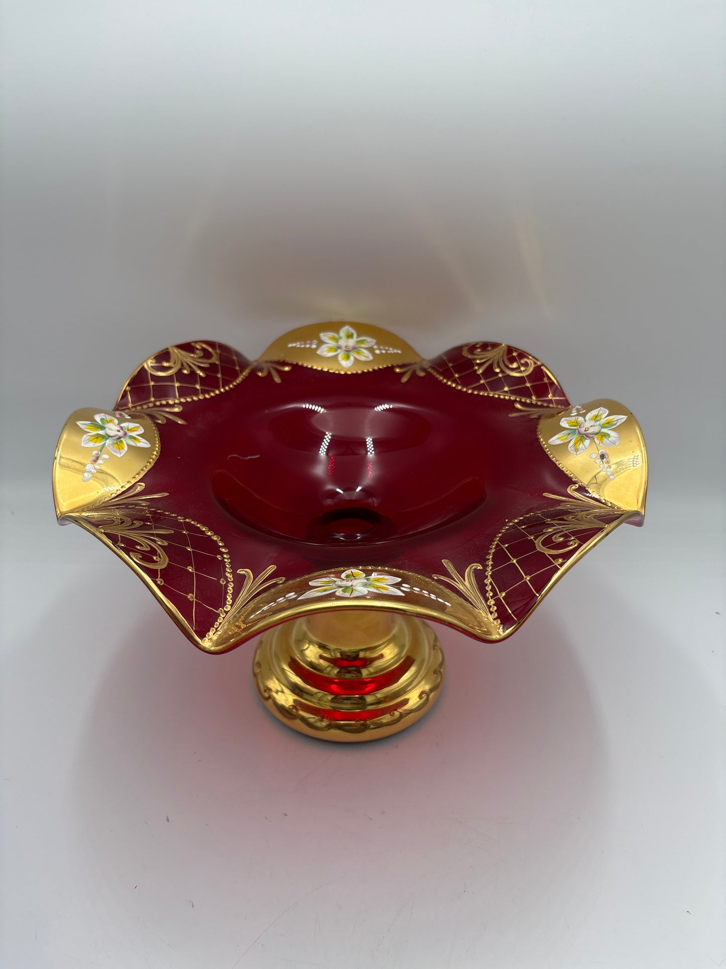 Vintage Bohemia krystal med Guld og Enamel, Opsats på fod, Rød, 19cm