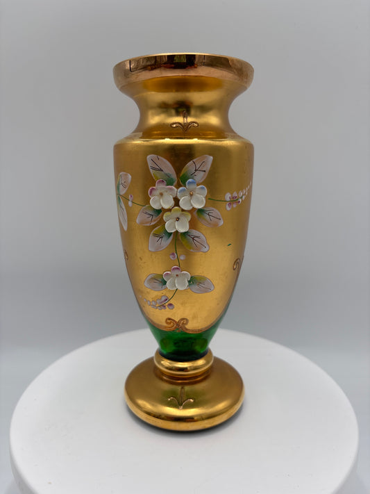 Vintage Bohemia krystal med Guld og Enamel-Vase på fod-Grøn-17cm