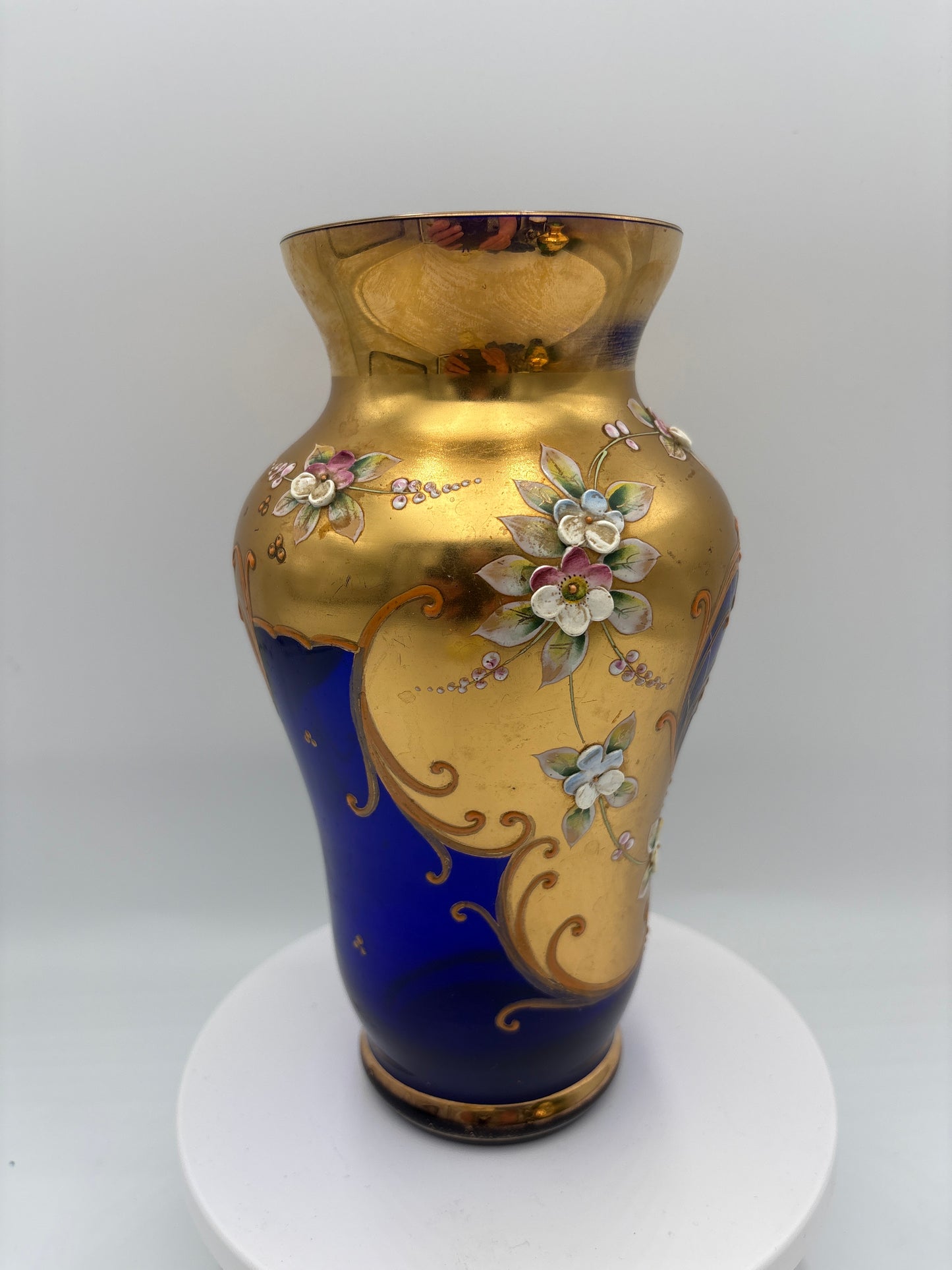 Vintage Bohemia krystal med Guld og Enamel, Vase, Blå, 22cm