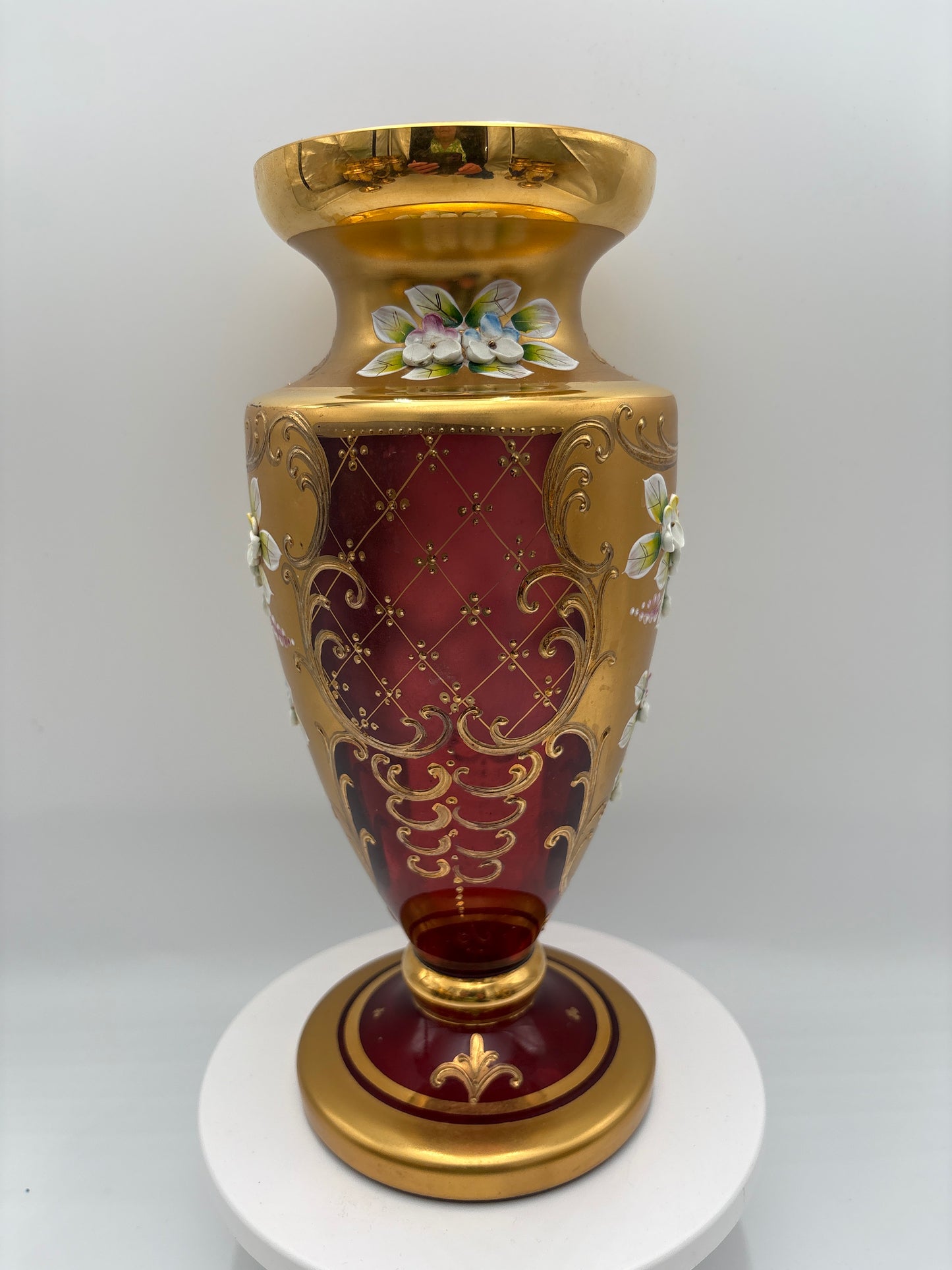 Vintage Bohemia krystal med Guld og Enamel-Vase på fod-Rød-27cm