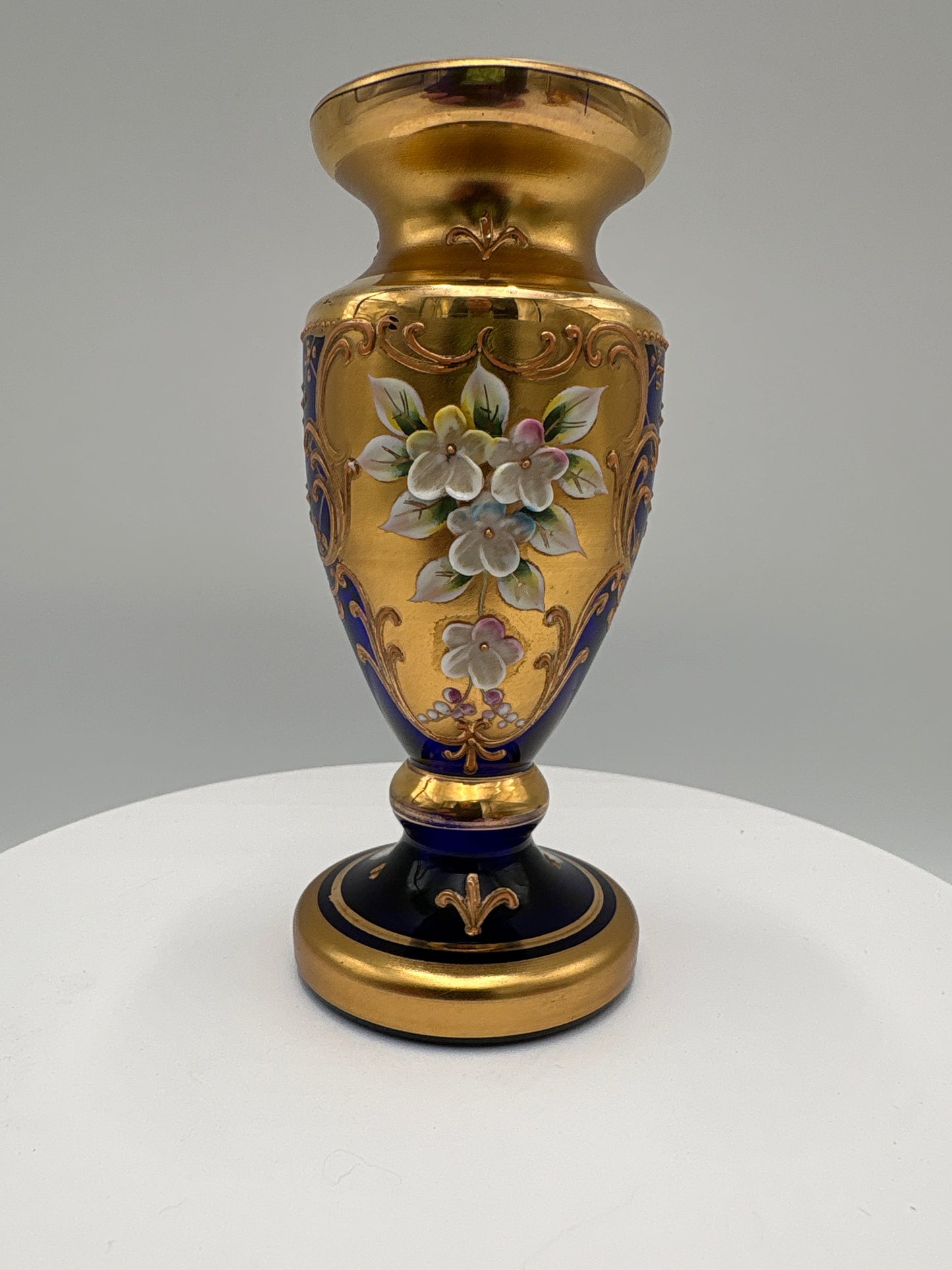 Vintage Bohemia krystal med Guld og Enamel-Vase på fod-Blå-12cm