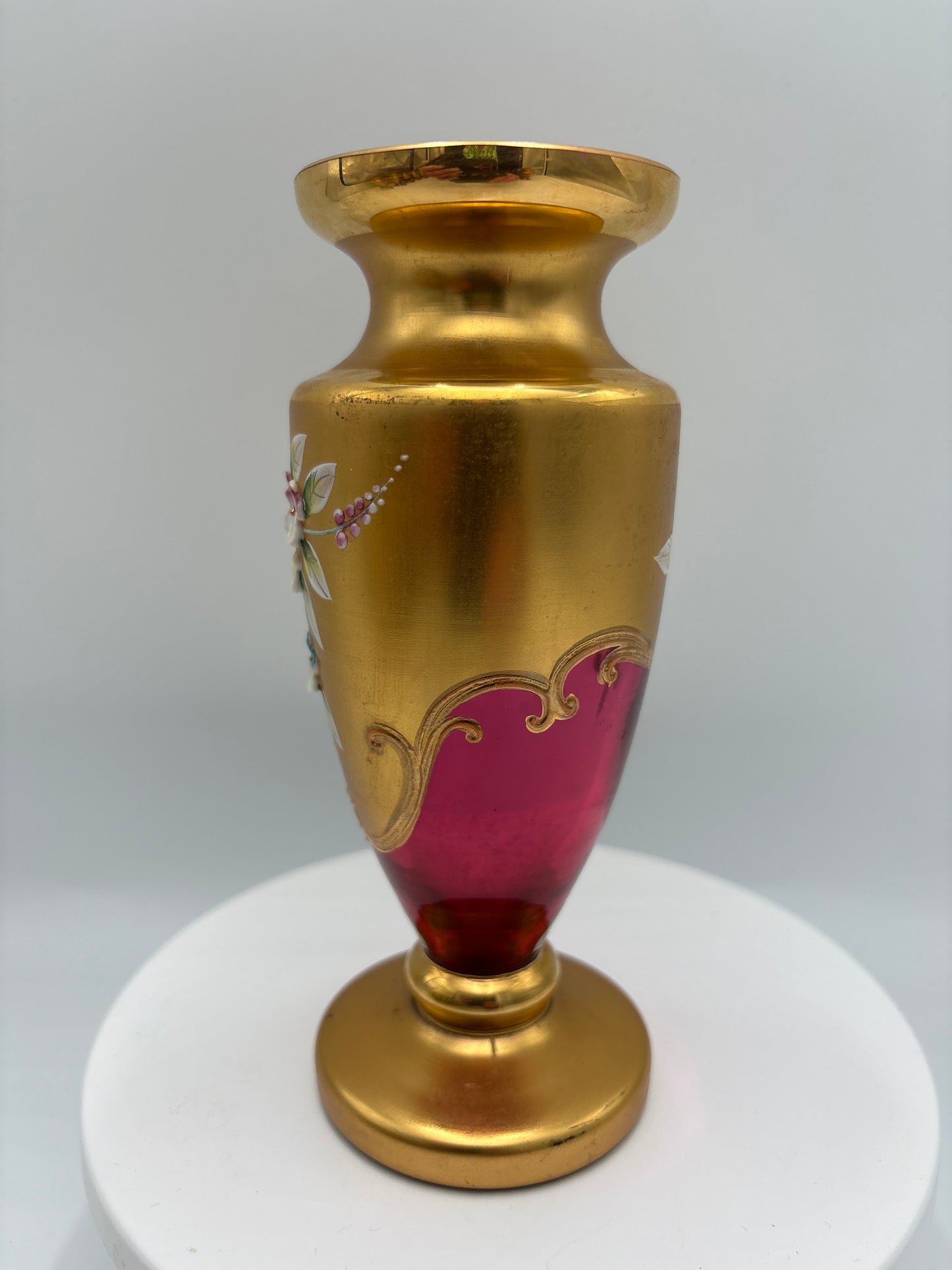 Vintage Bohemia krystal med Guld og Enamel-Vase på fod-Rød(1)-17cm