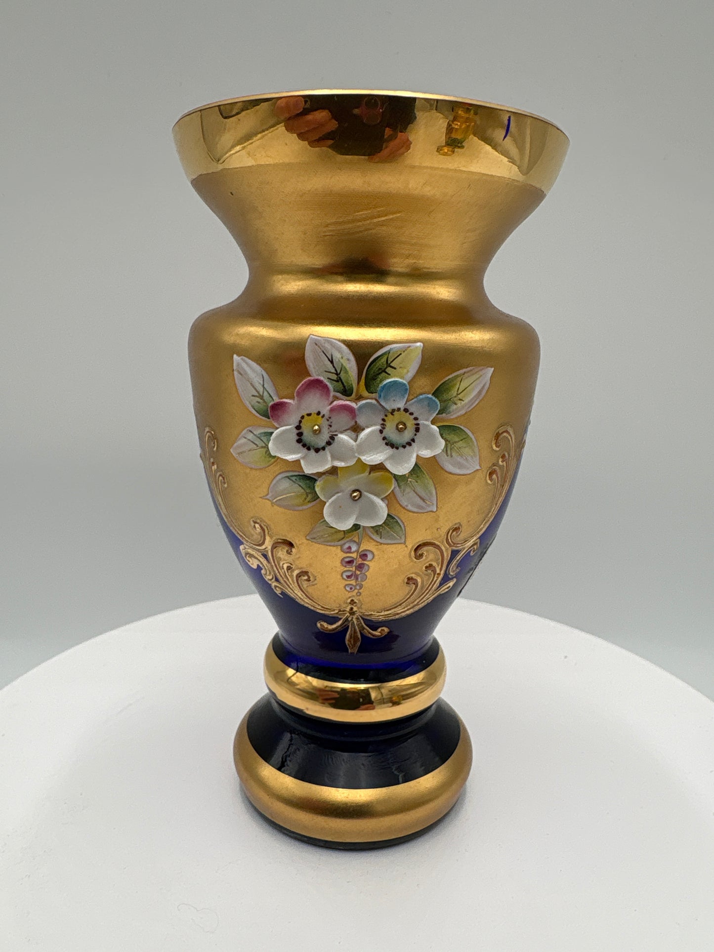 Vintage Bohemia krystal med Guld og Enamel-Vase på fod-Blå-12cm