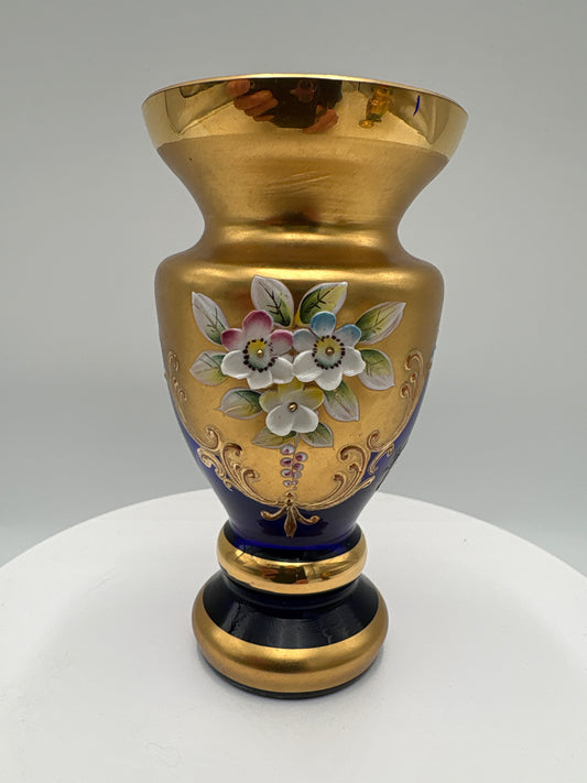 Vintage Bohemia krystal med Guld og Enamel-Vase på fod-Blå-12cm