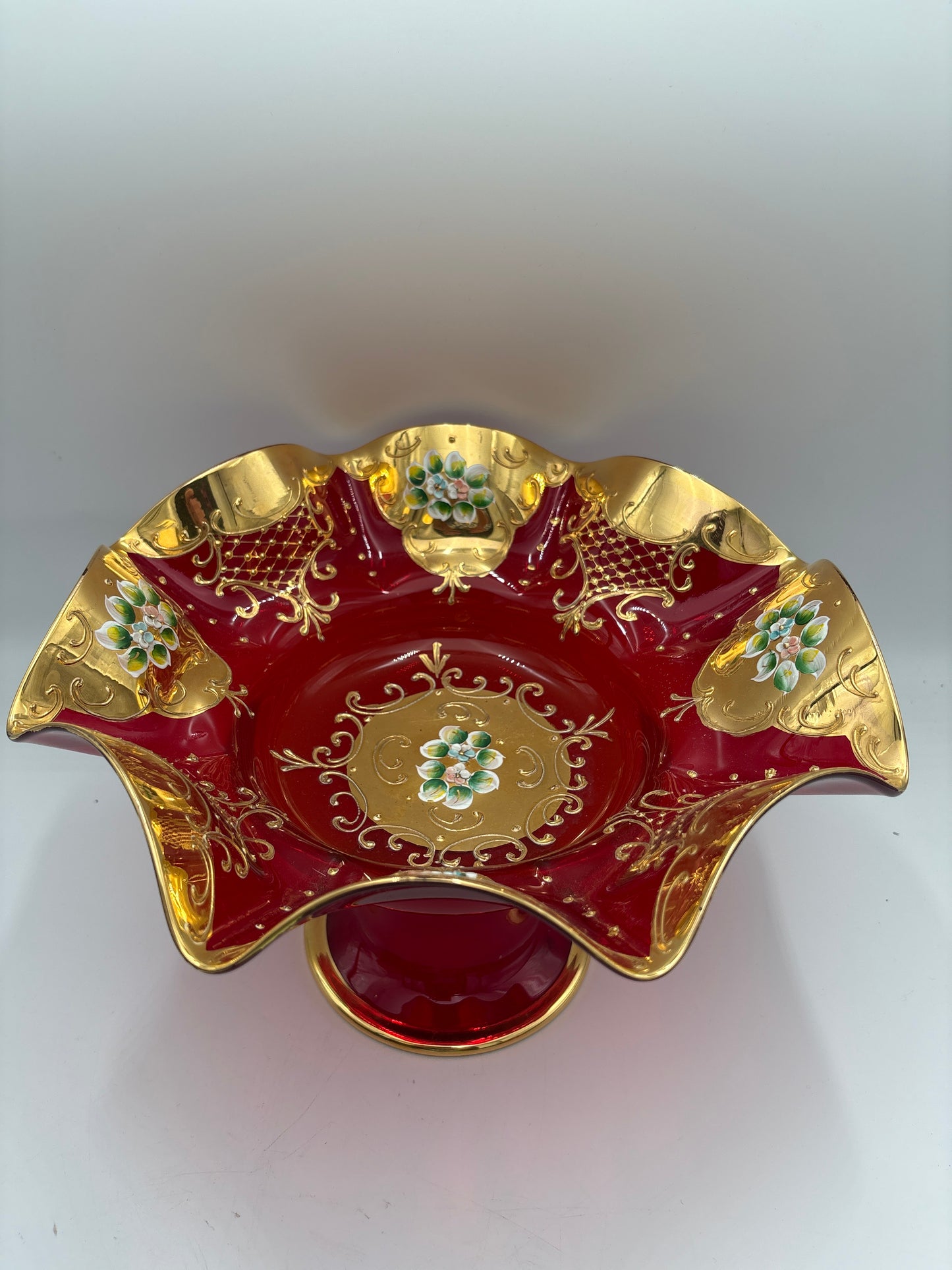 Vintage Bohemia krystal med Guld og Enamel, Opsats på fod, Rød, 19cm