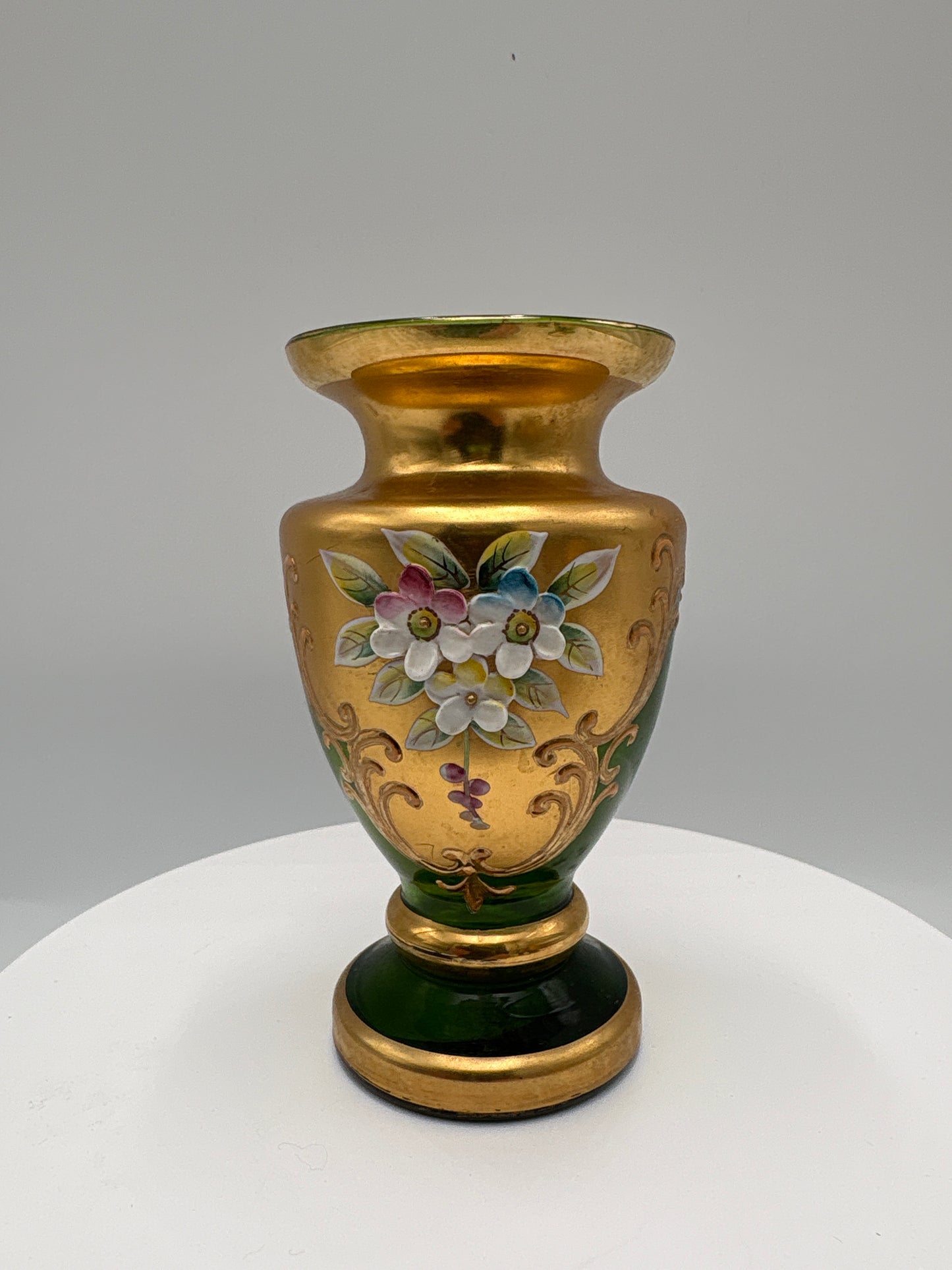 Vintage Bohemia krystal med Guld og Enamel-Vase på fod-Grøn-10cm