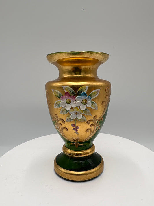 Vintage Bohemia krystal med Guld og Enamel-Vase på fod-Grøn-10cm