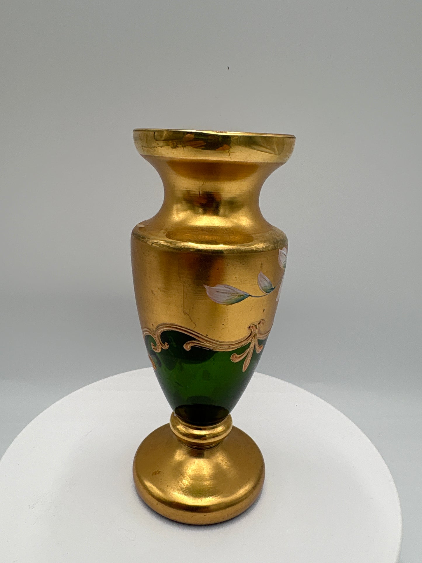 Vintage Bohemia krystal med Guld og Enamel-Vase på fod-Grøn-15cm
