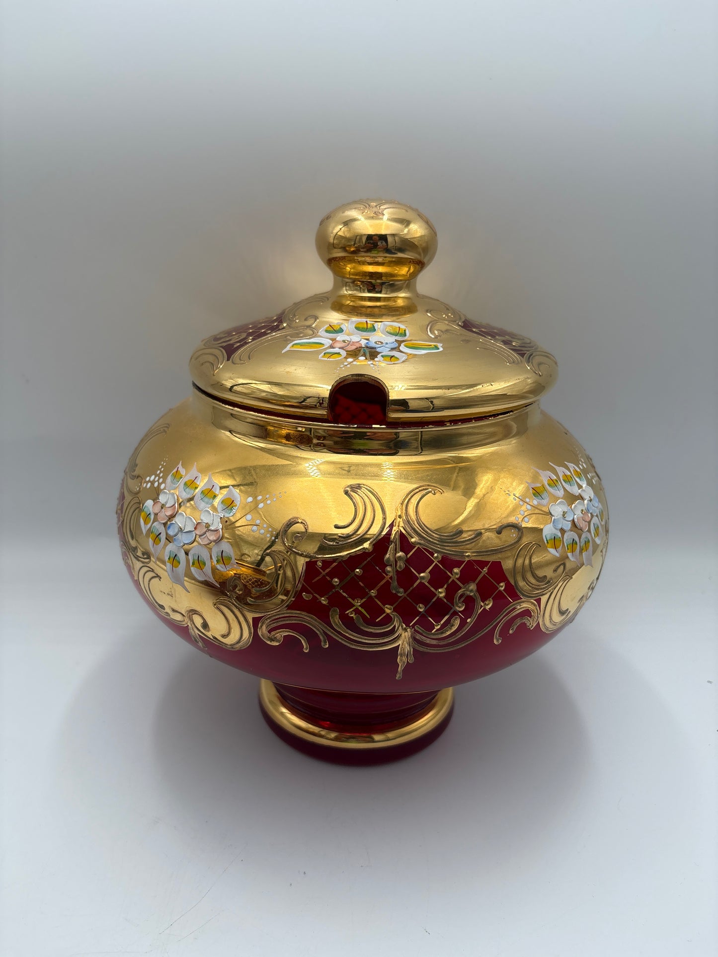 Vintage Bohemia krystal med Guld og Enamel, Punch Bowl, Rød, 26cm