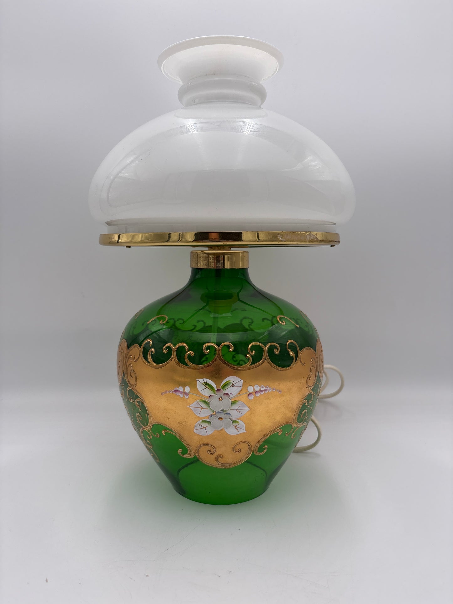 Vintage Bohemia krystal med Guld og Enamel, Bordlampe med glasskærm, grøn, 36cm