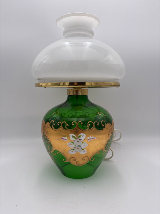 Vintage Bohemia krystal med Guld og Enamel, Bordlampe med glasskærm, grøn, 36cm