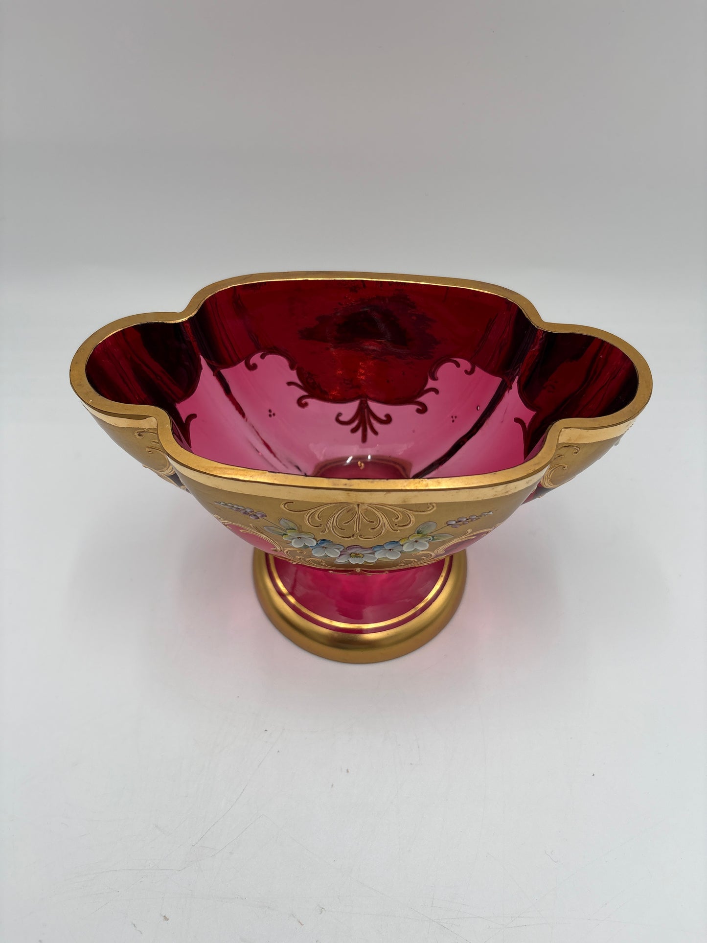 Vintage Bohemia krystal med Guld og Enamel,Lille oval opsats på fod, Rød, 12cm