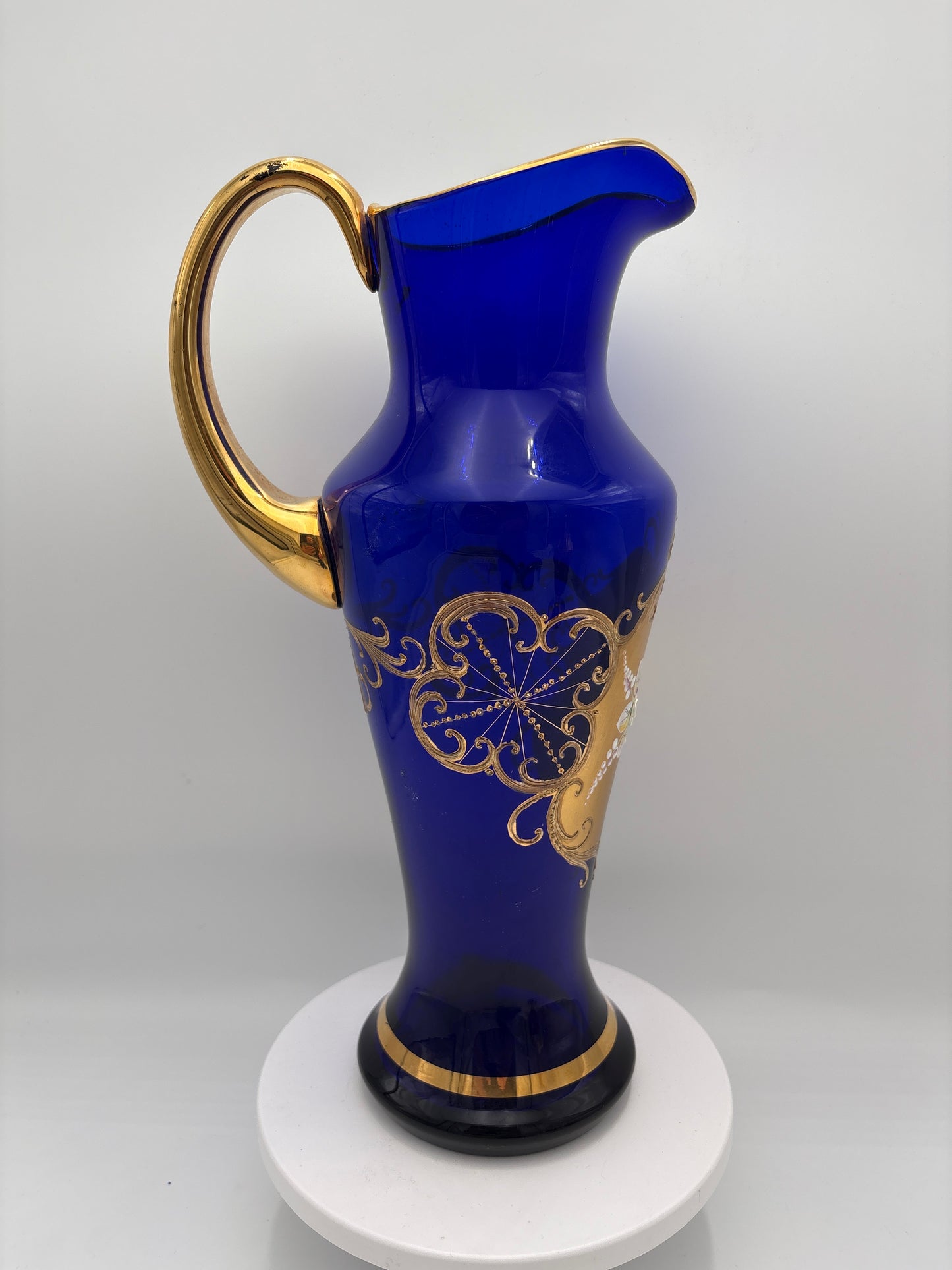 Vintage Bohemia krystal med Guld og Enamel, Kande, Blå, 32cm