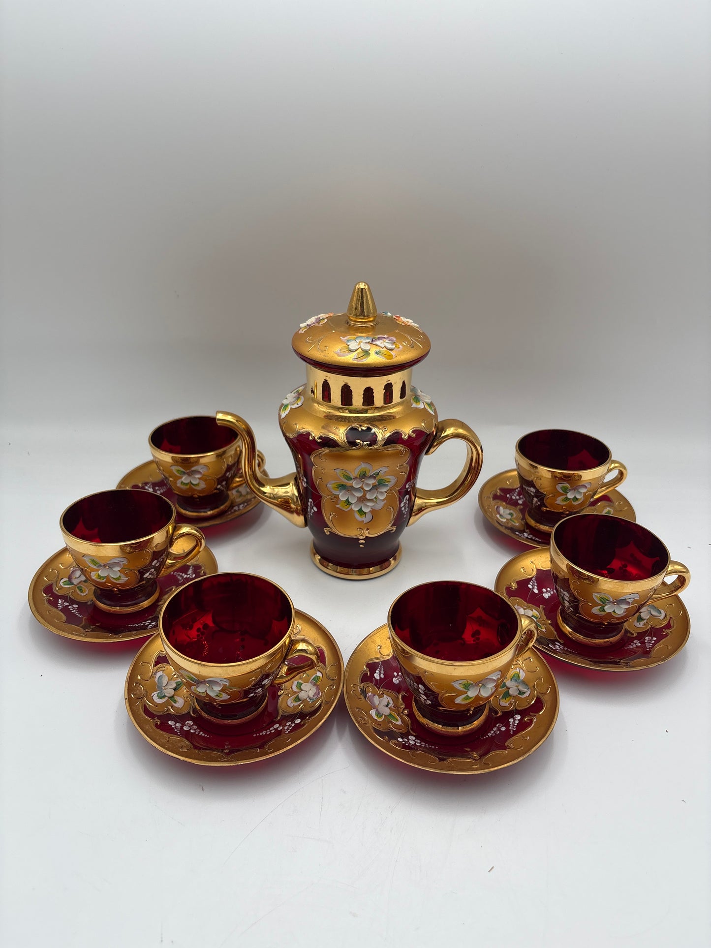 Vintage Bohemia krystal med Guld og Enamel, Kaffesæt, Rød