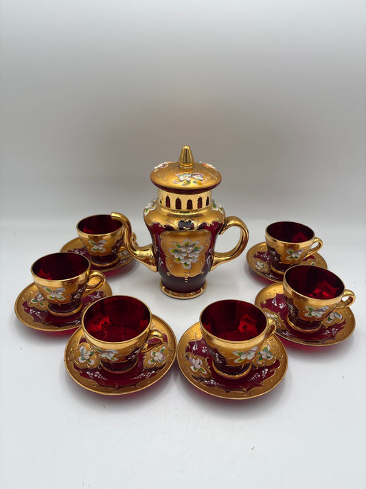 Vintage Bohemia krystal med Guld og Enamel, Kaffesæt, Rød